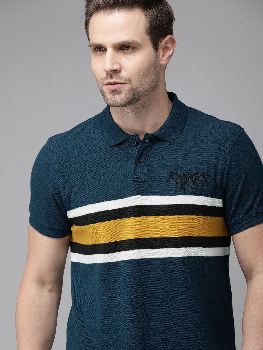 Roadster Men Teal Striped Polo Collar Pure Cotton T-shirt - view 1