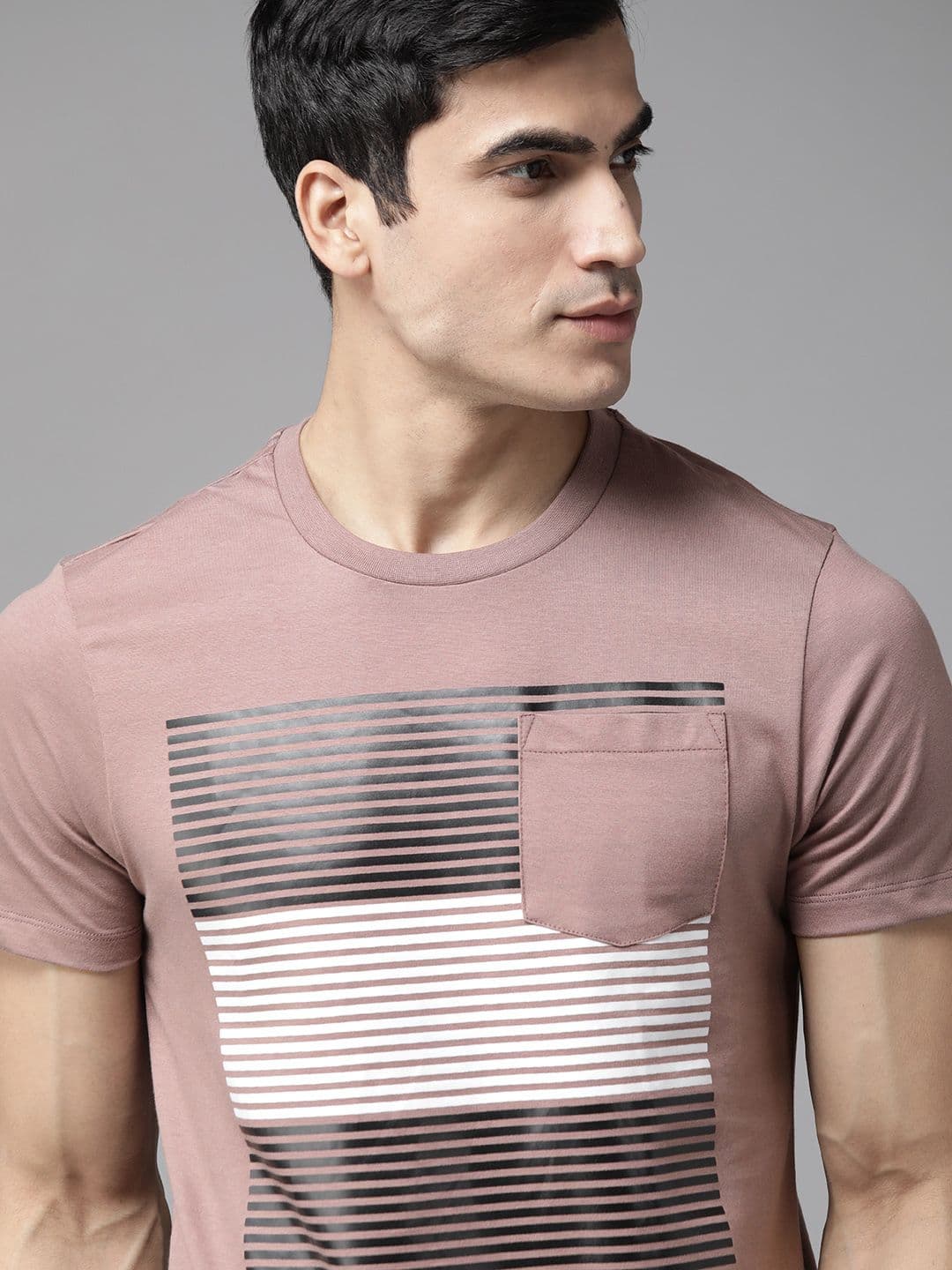Roadster Men Mauve & White Cotton Striped Round Neck T-shirt - view 1