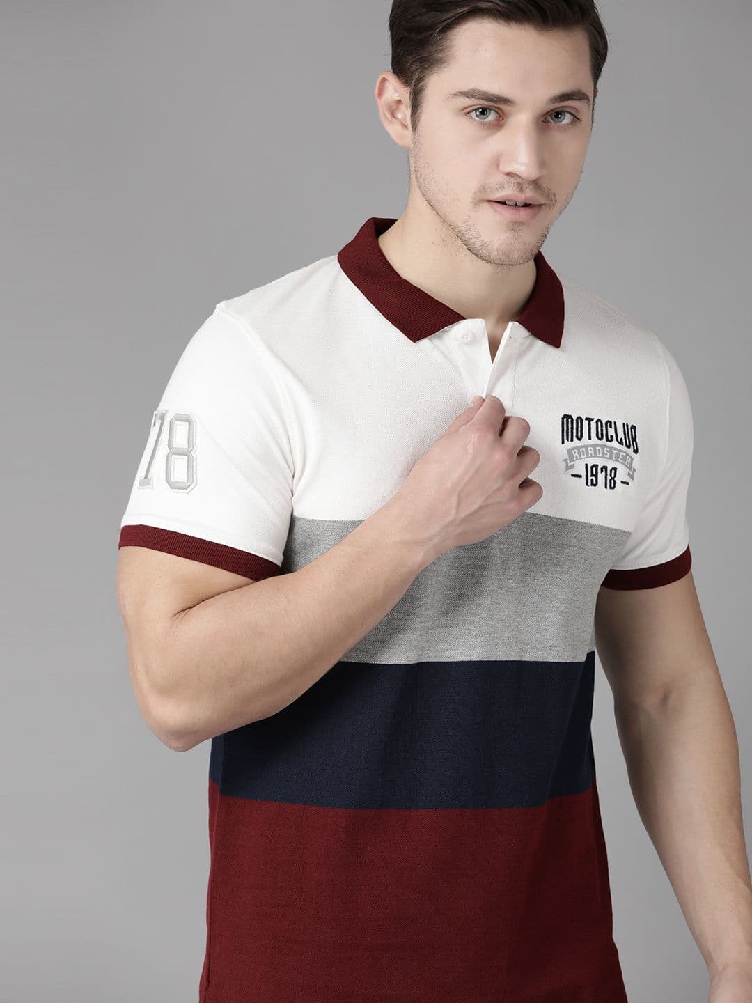Roadster Men White & Maroon Colourblocked Polo Collar T-shirt - view 1