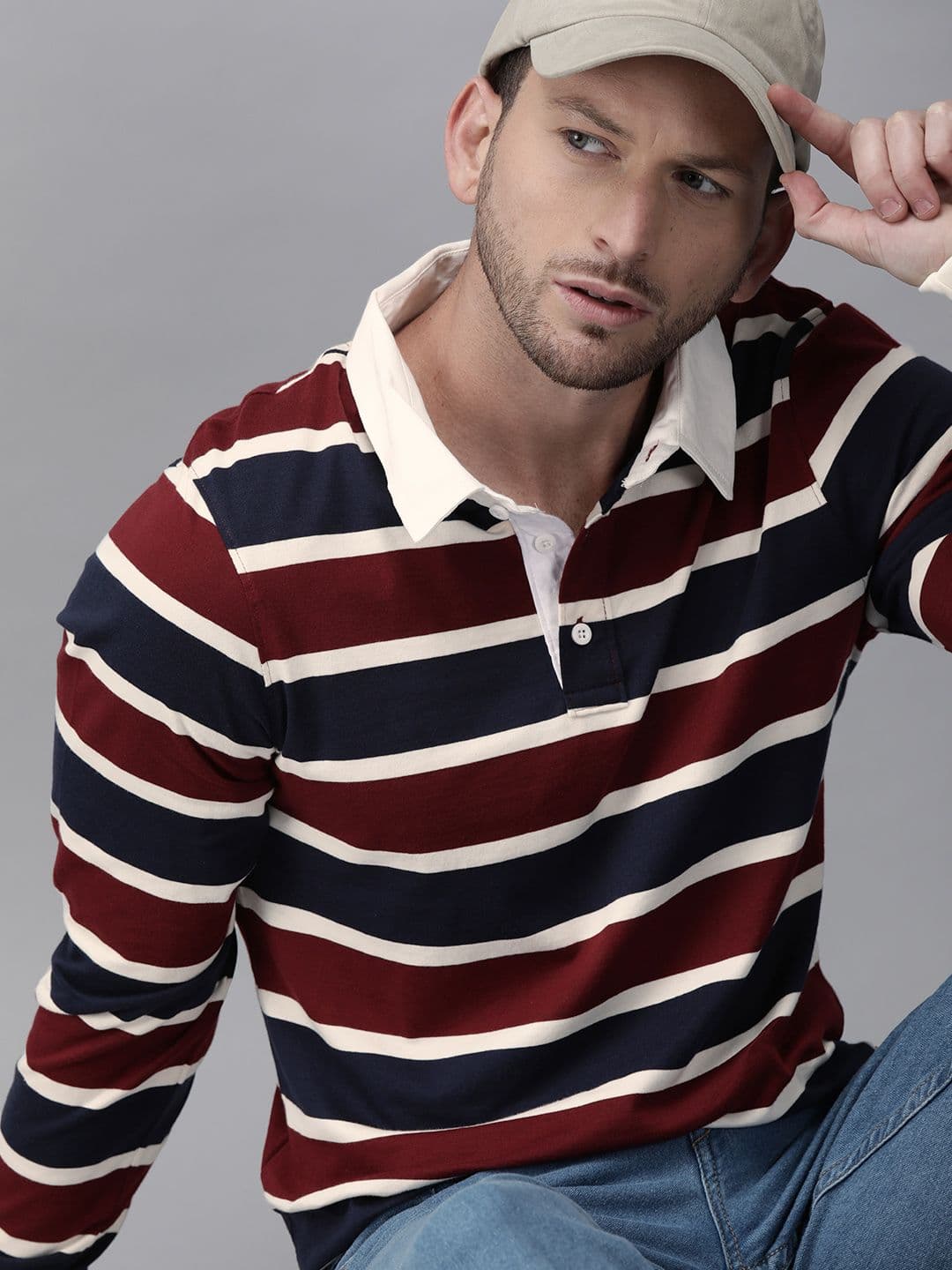 Roadster Men Navy Blue Striped Polo Collar T-shirt - view 1