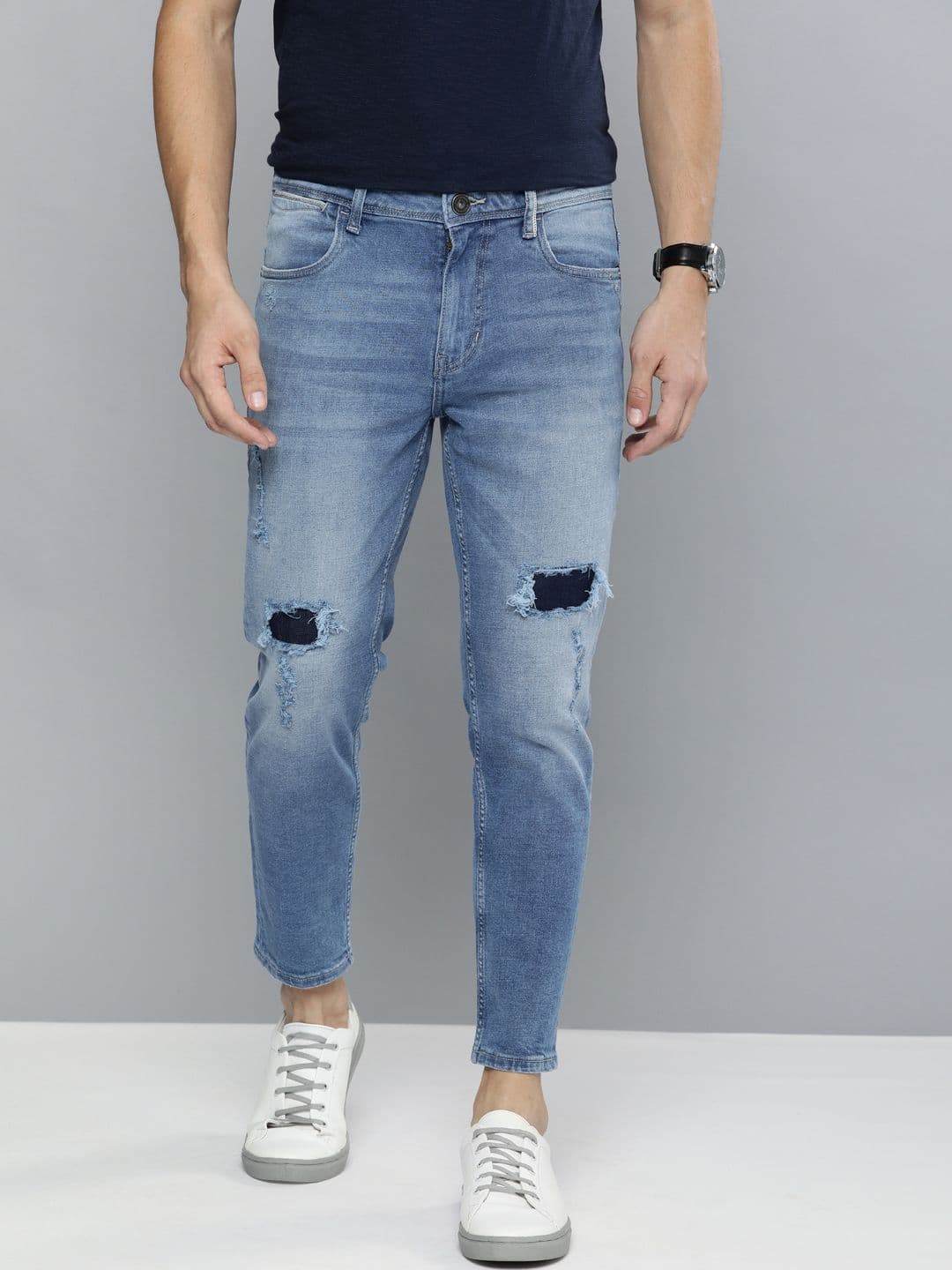 Mast & Harbour Men Blue Carrot Regular Fit Mid-Rise Mildly Distressed Stretchable Jeans - view 1