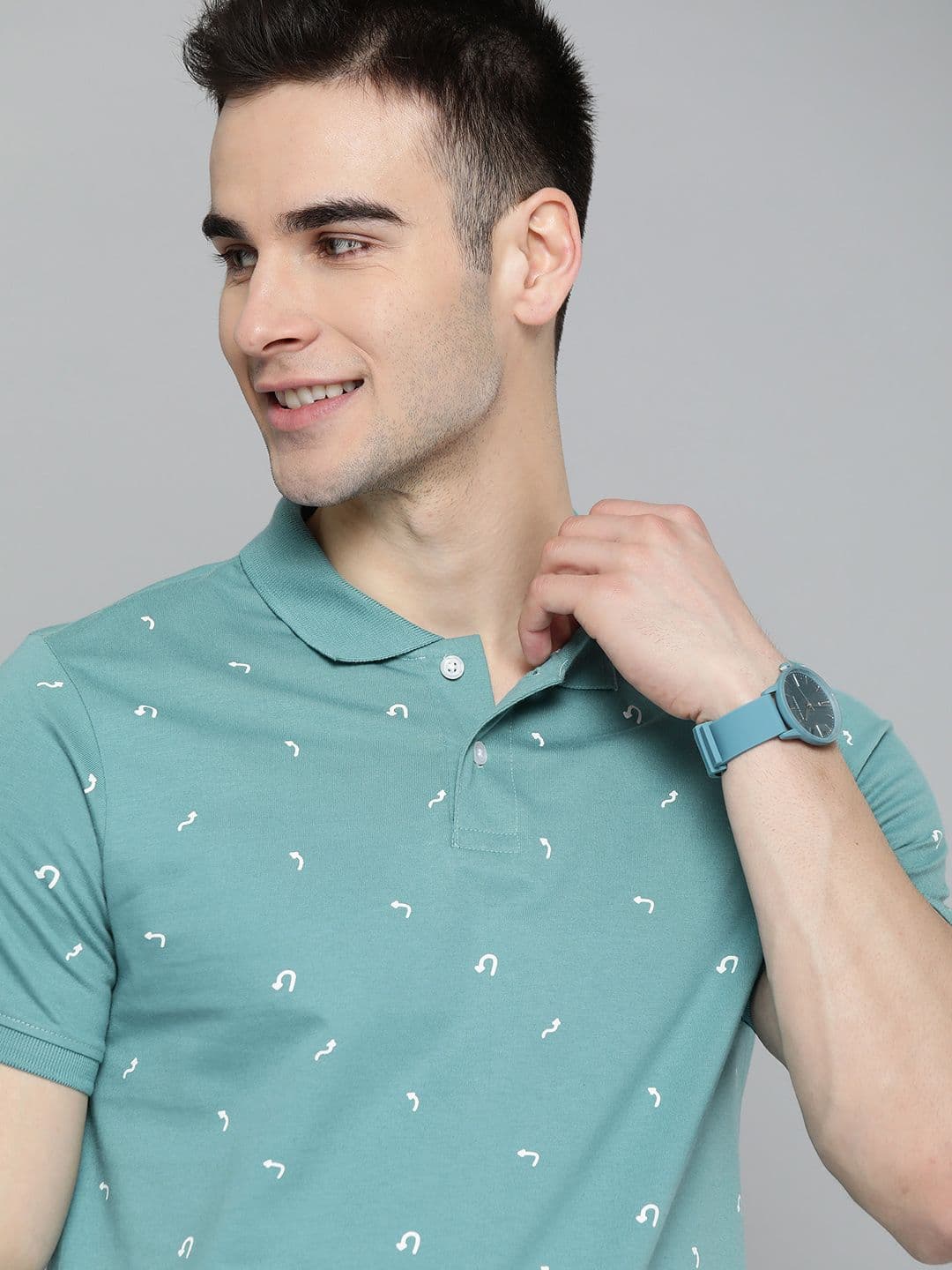 Mast & Harbour Men Blue & White Printed Cotton Polo Collar T-shirt - view 1
