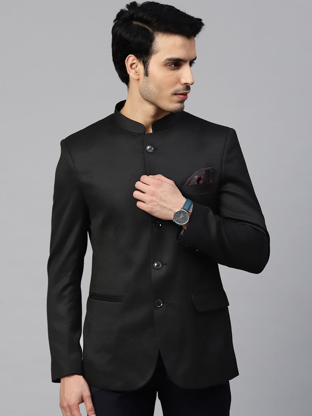 MANQ Men Black Solid Slim Fit Bandhgala Blazer - view 1