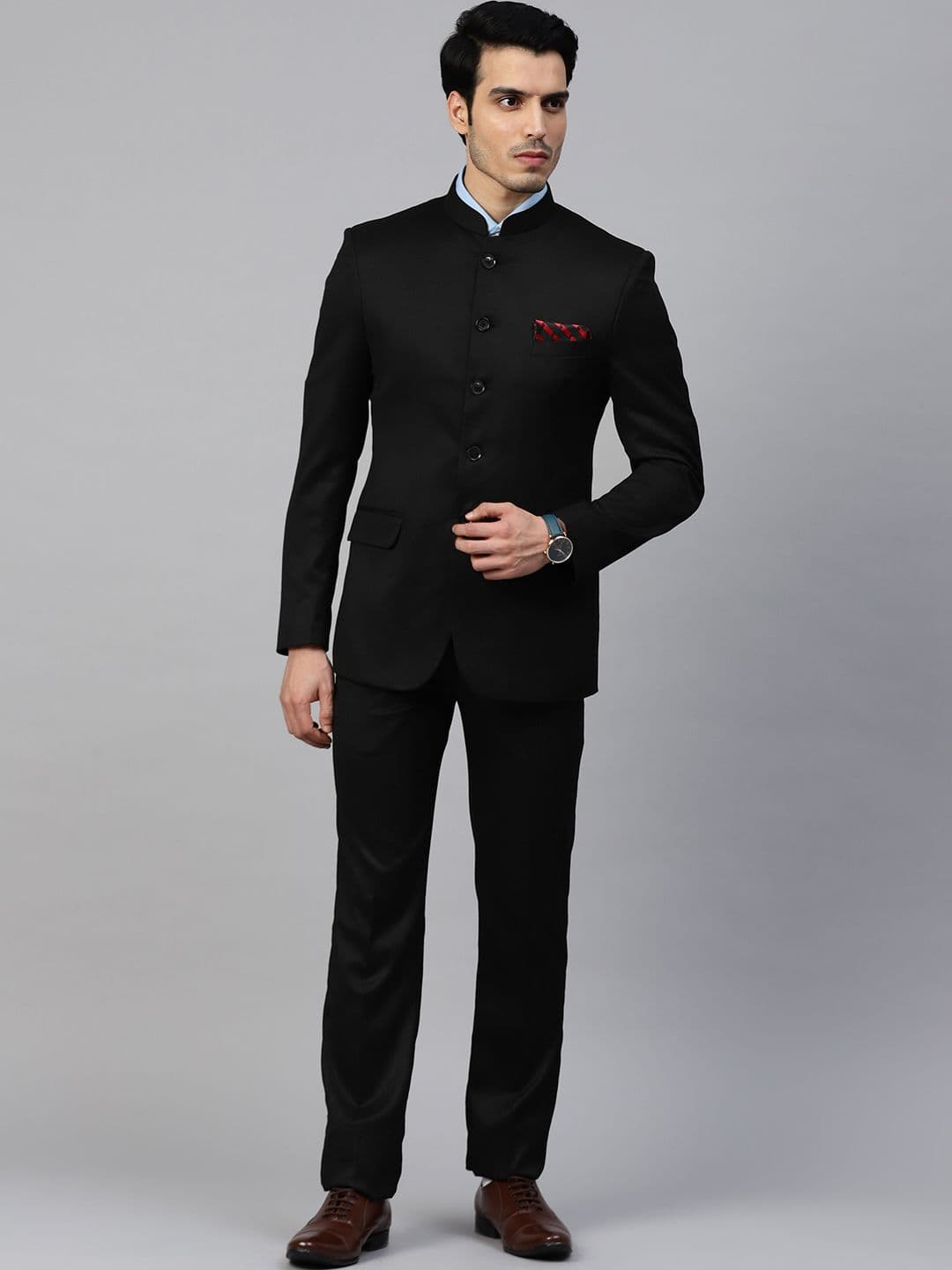 MANQ Men Black Solid Slim Fit Bandhgala Suit - view 1