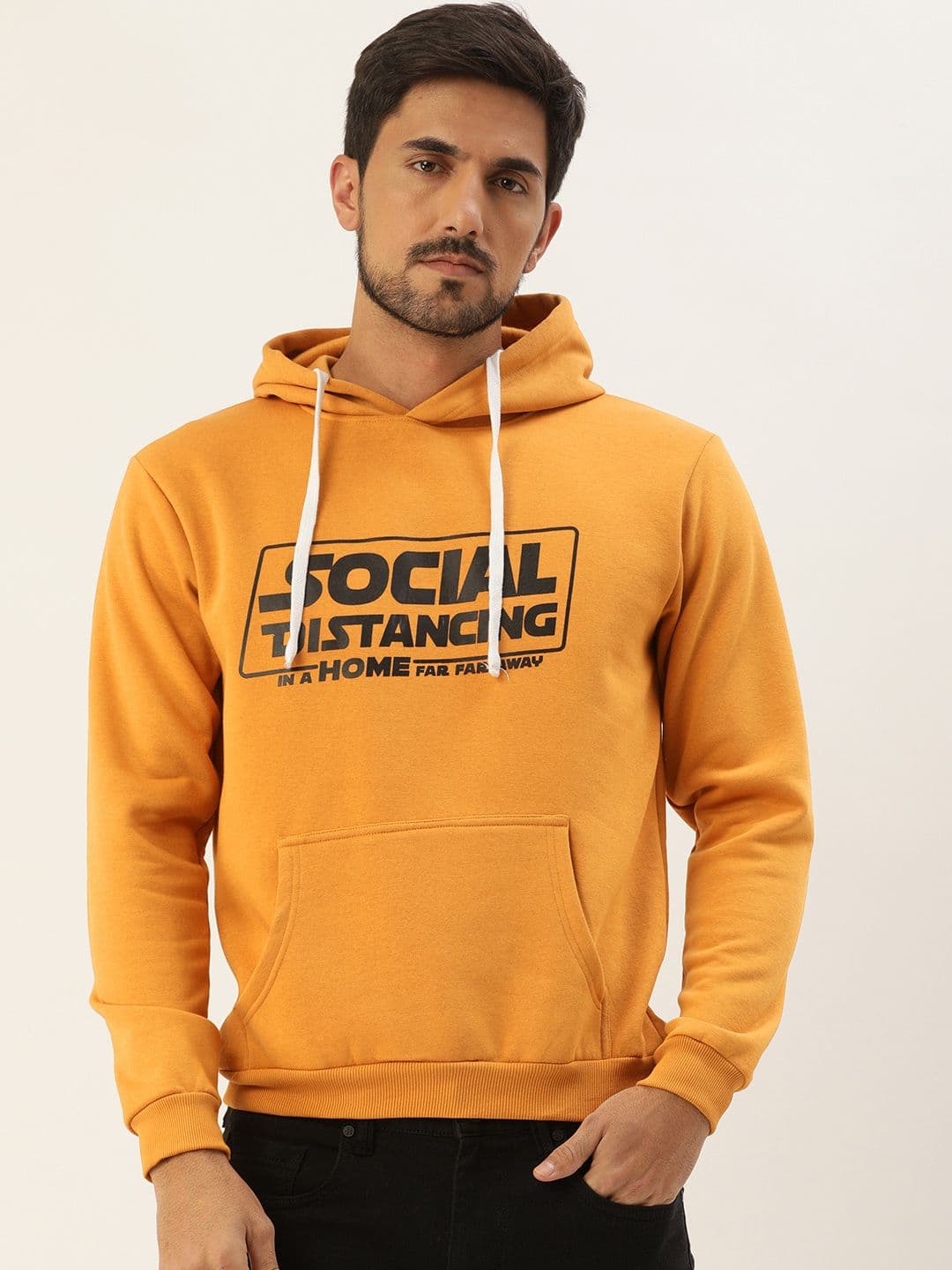 CAHOOT Men Mustard Yellow Printed Hooded Sweatshirt - view 1