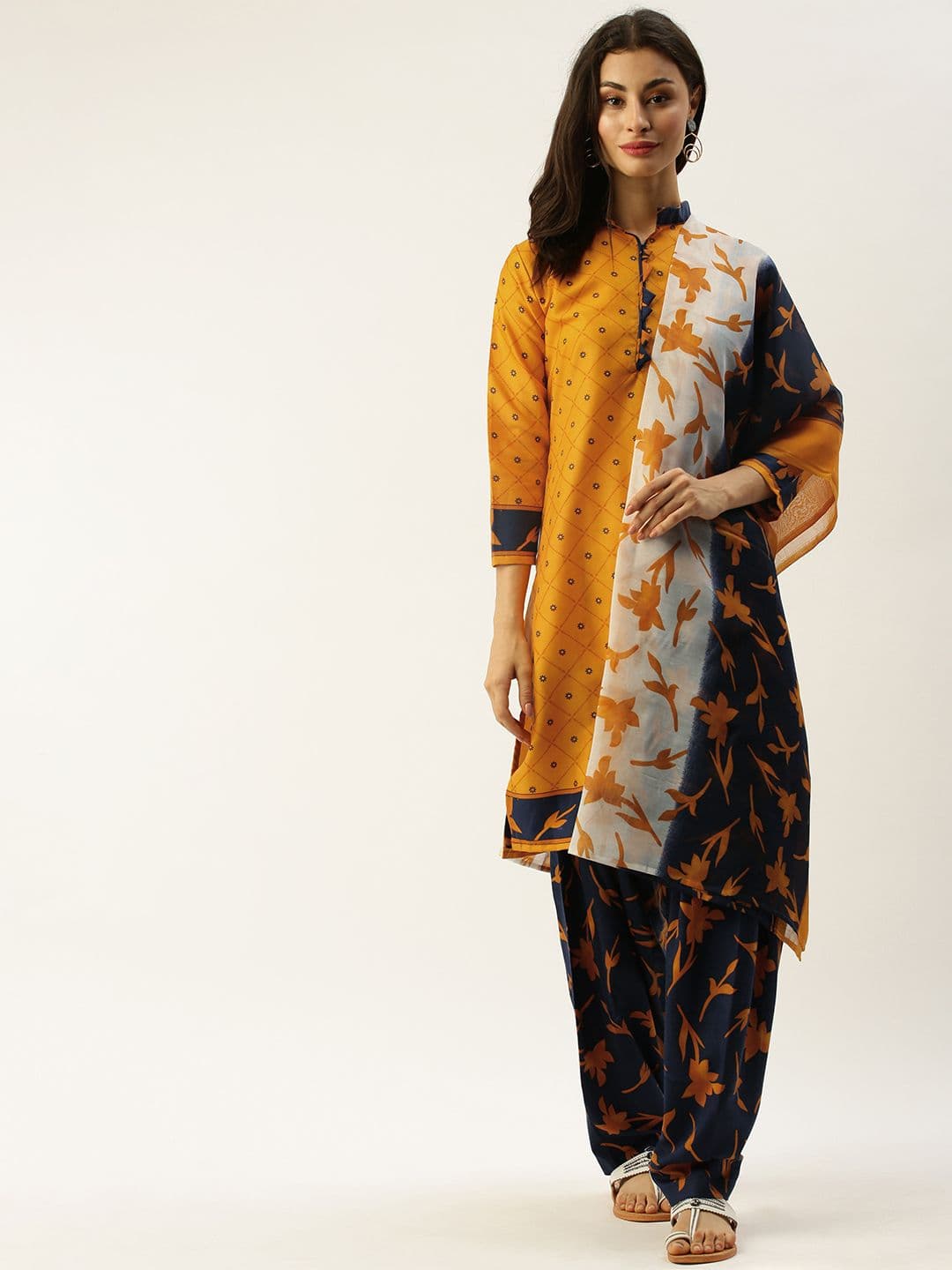 Rajnandini Mustard Yellow & Navy Blue Cotton Blend Printed Unstitched Dress Material - view 1