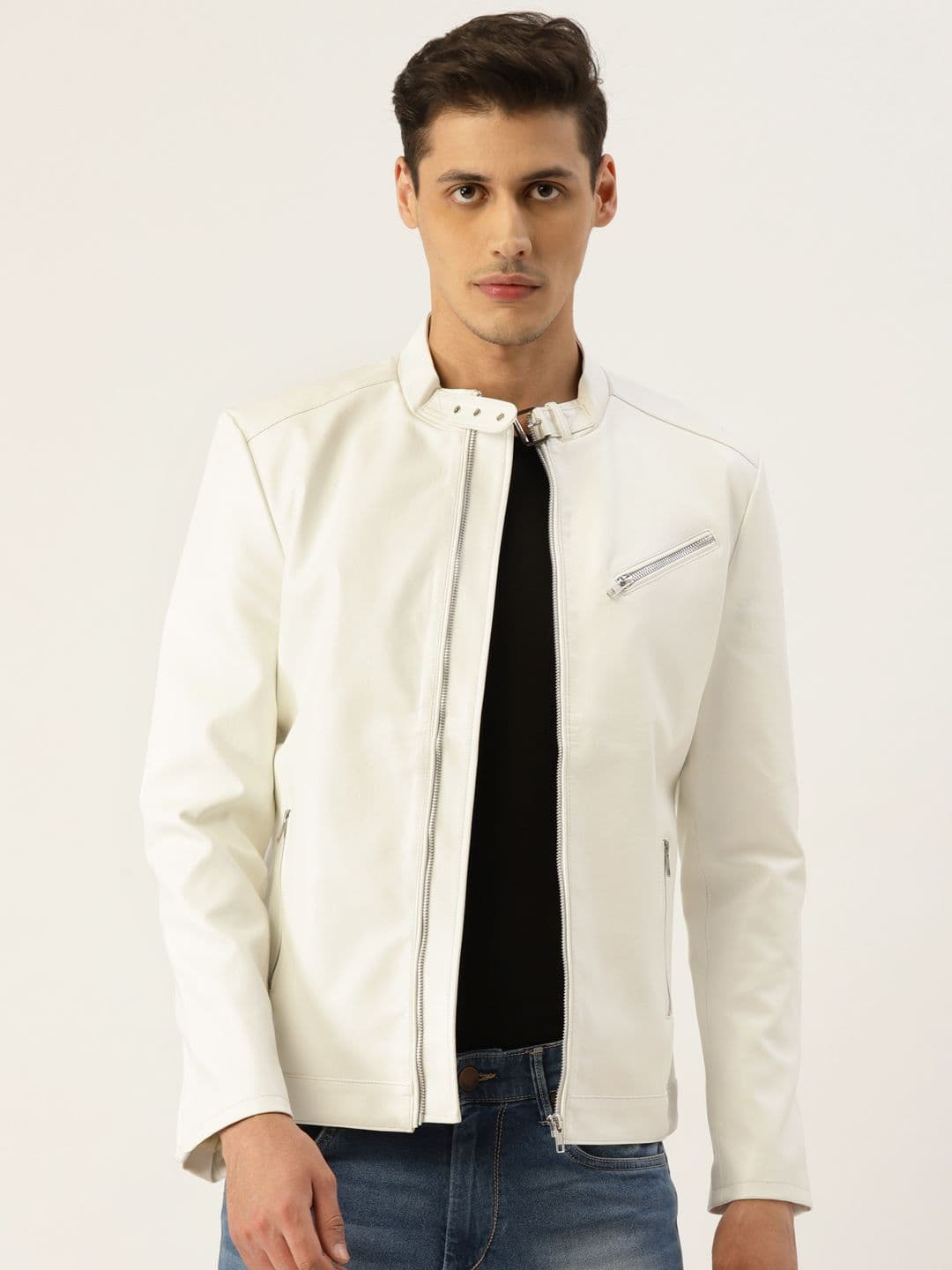 Leather Retail Men White Solid Lightweight Biker Jacket - view 1