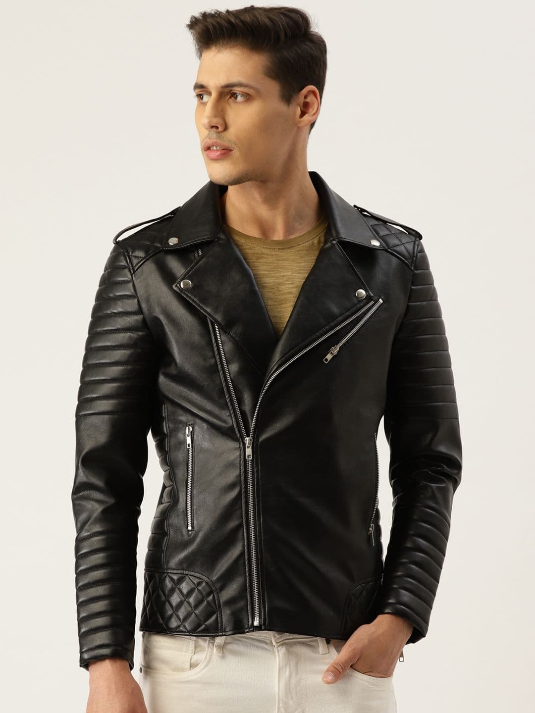 Leather Retail Men Black Solid Lightweight Biker Jacket - view 1