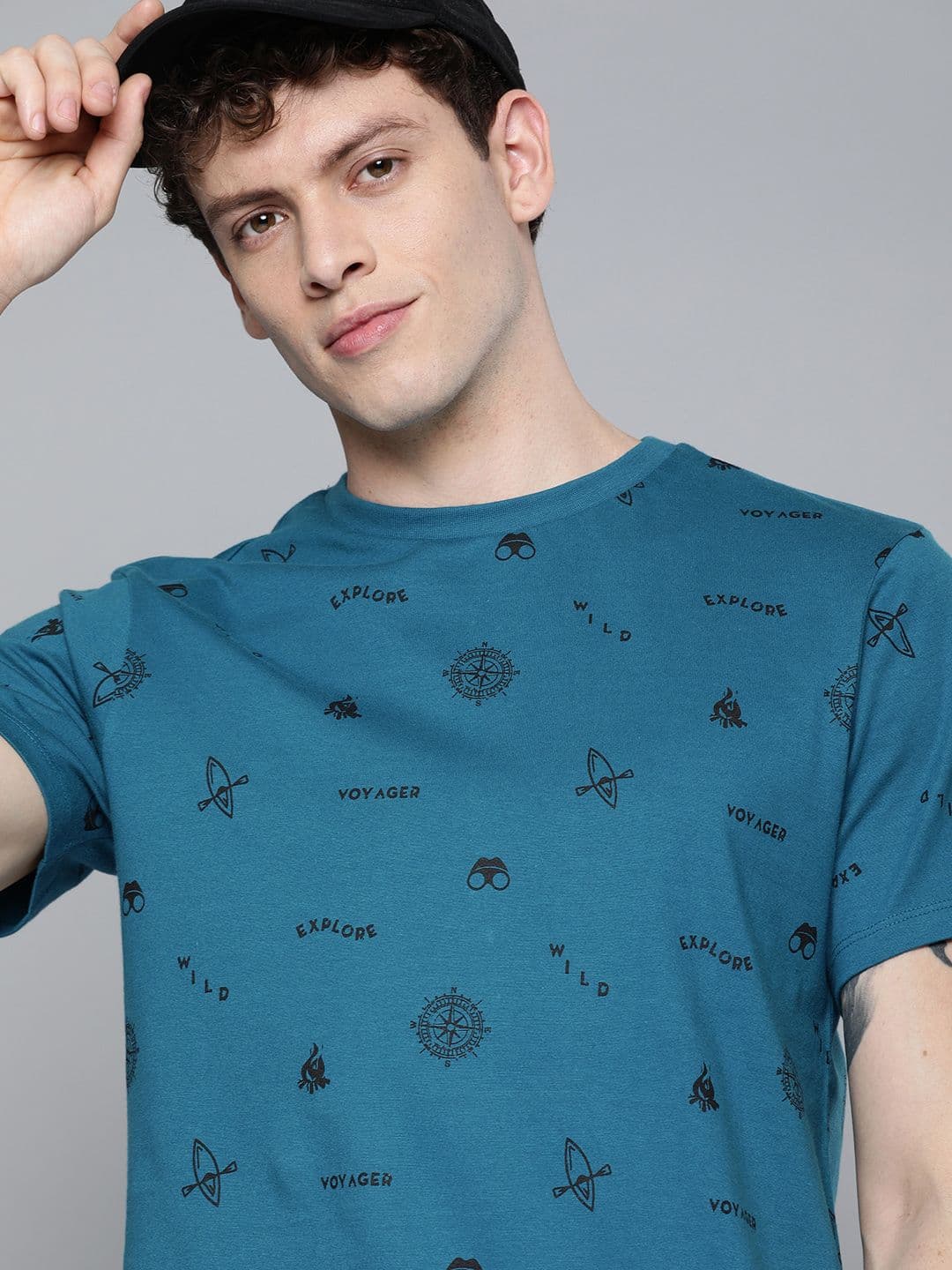 Harvard Men Teal Blue Black Printed Round Neck Cotton T-shirt - view 1
