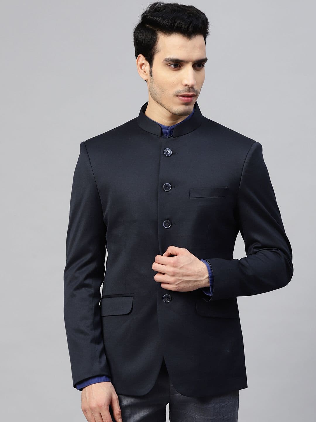 MANQ Men Navy Blue Twill Weave Solid Single-Breasted Slim Fit Bandhgala Casual Blazer - view 1