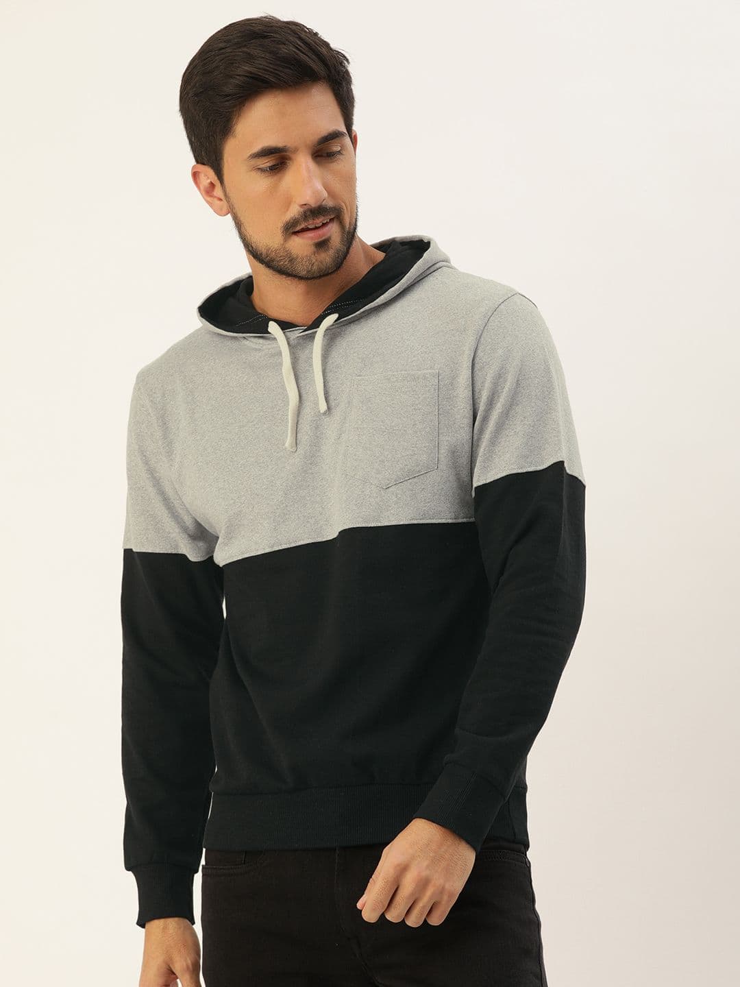 CAHOOT Men Black & Grey Melange Colourblocked Hooded Bio Wash Sweatshirt - view 1