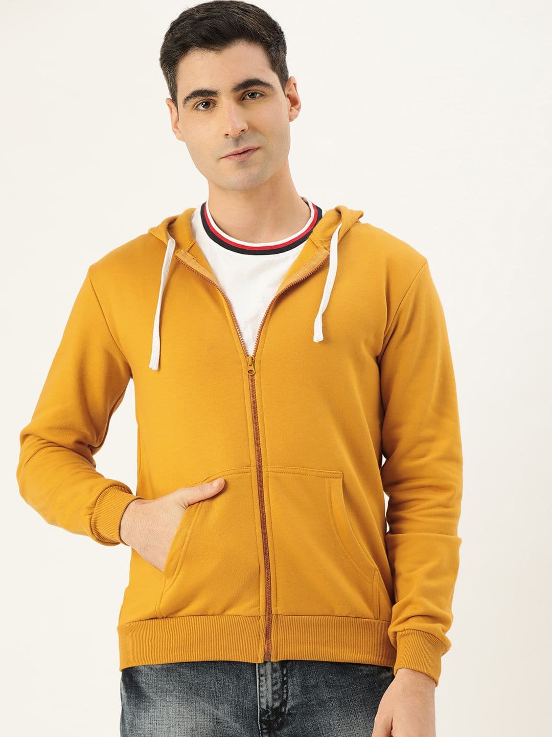 CAHOOT Men Mustard Yellow Solid Hooded Front-Open Sweatshirt - view 1