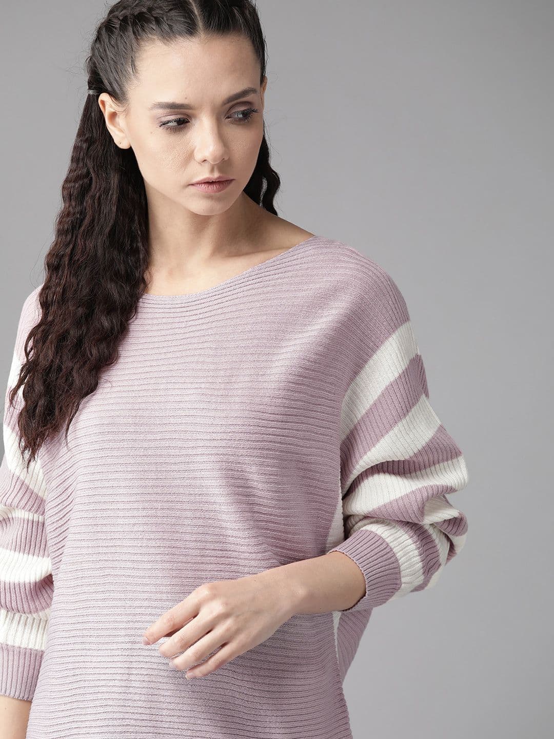 Roadster Women Lavender Self-Striped Pullover Sweater - view 1