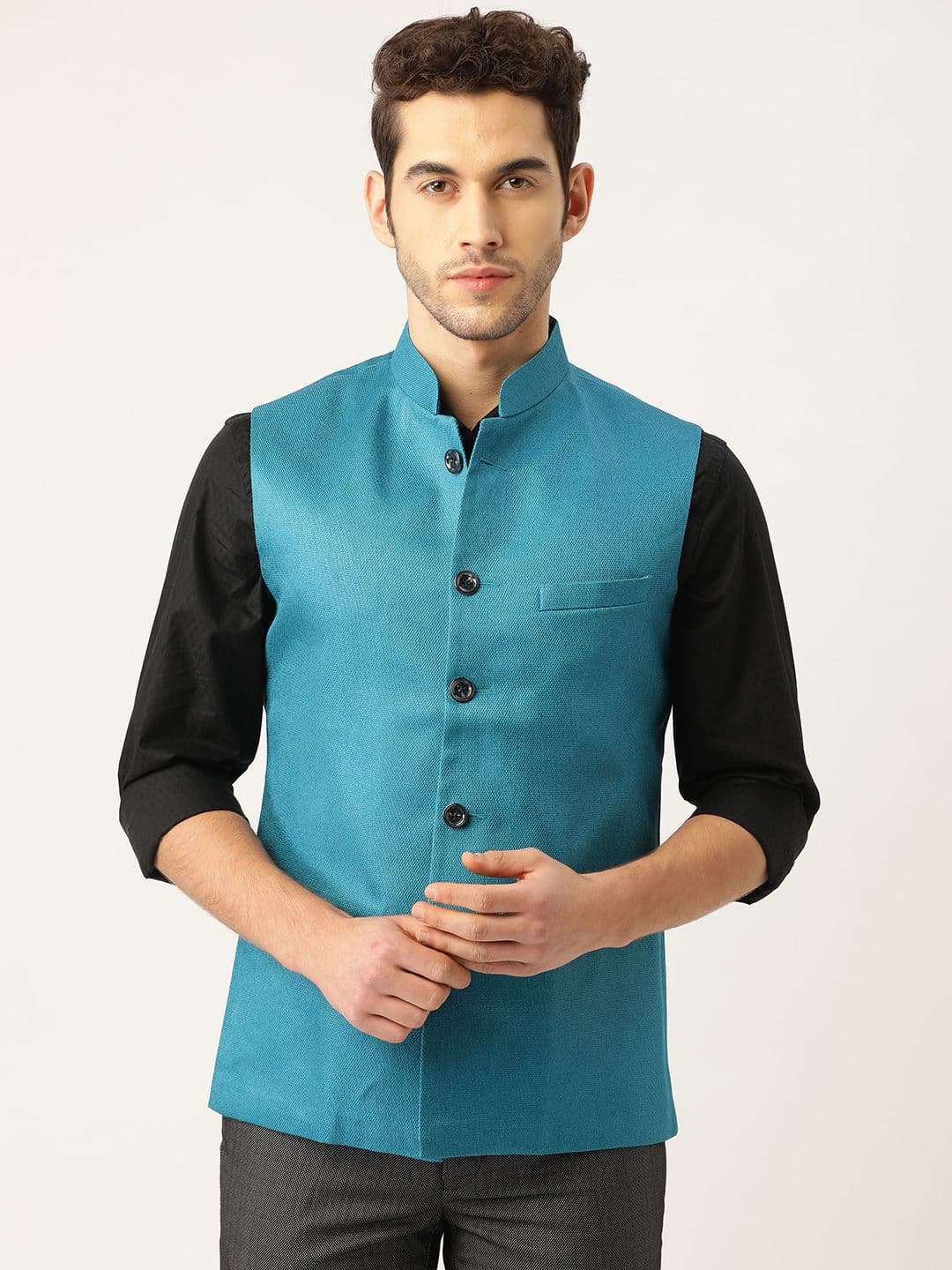 Vastraa Fusion Men Teal Blue Woven Design Nehru Jacket - view 1