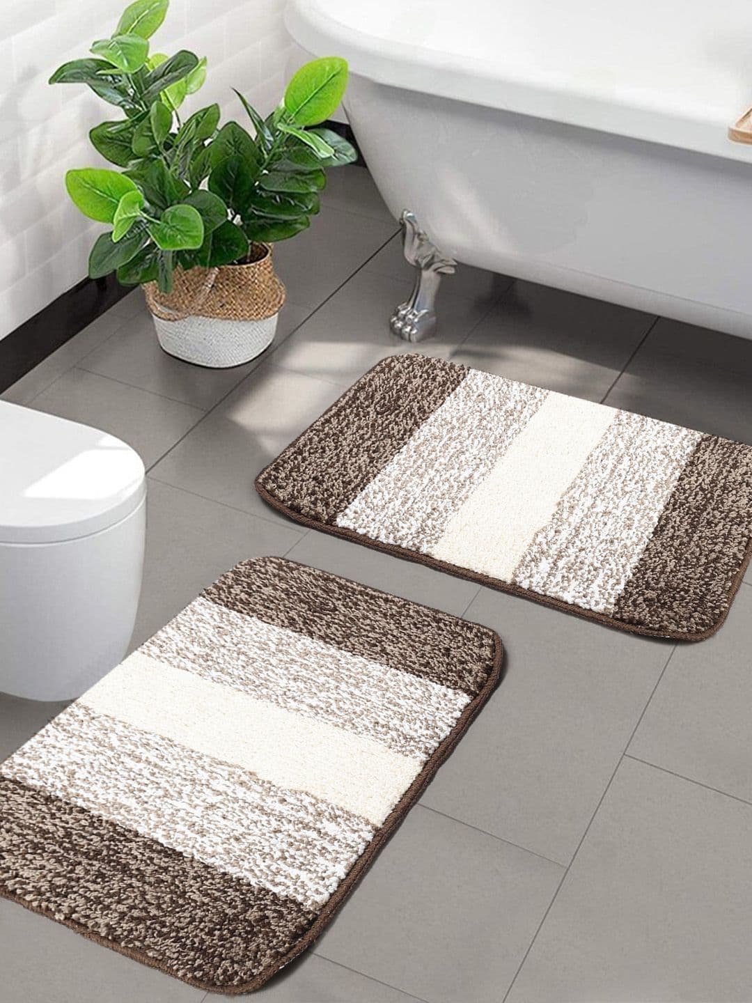 Saral Home Pack Of 2 Brown & Beige Striped Anti-Skid Bath Mats - view 1