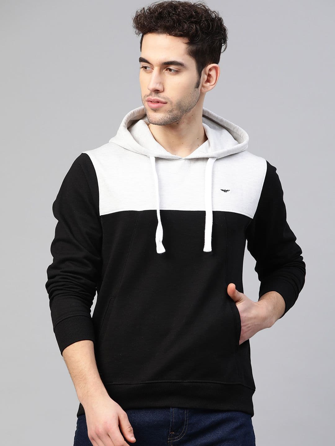 Park Avenue Men Grey Melange & Black Colourblocked Hooded Sweatshirt - view 1
