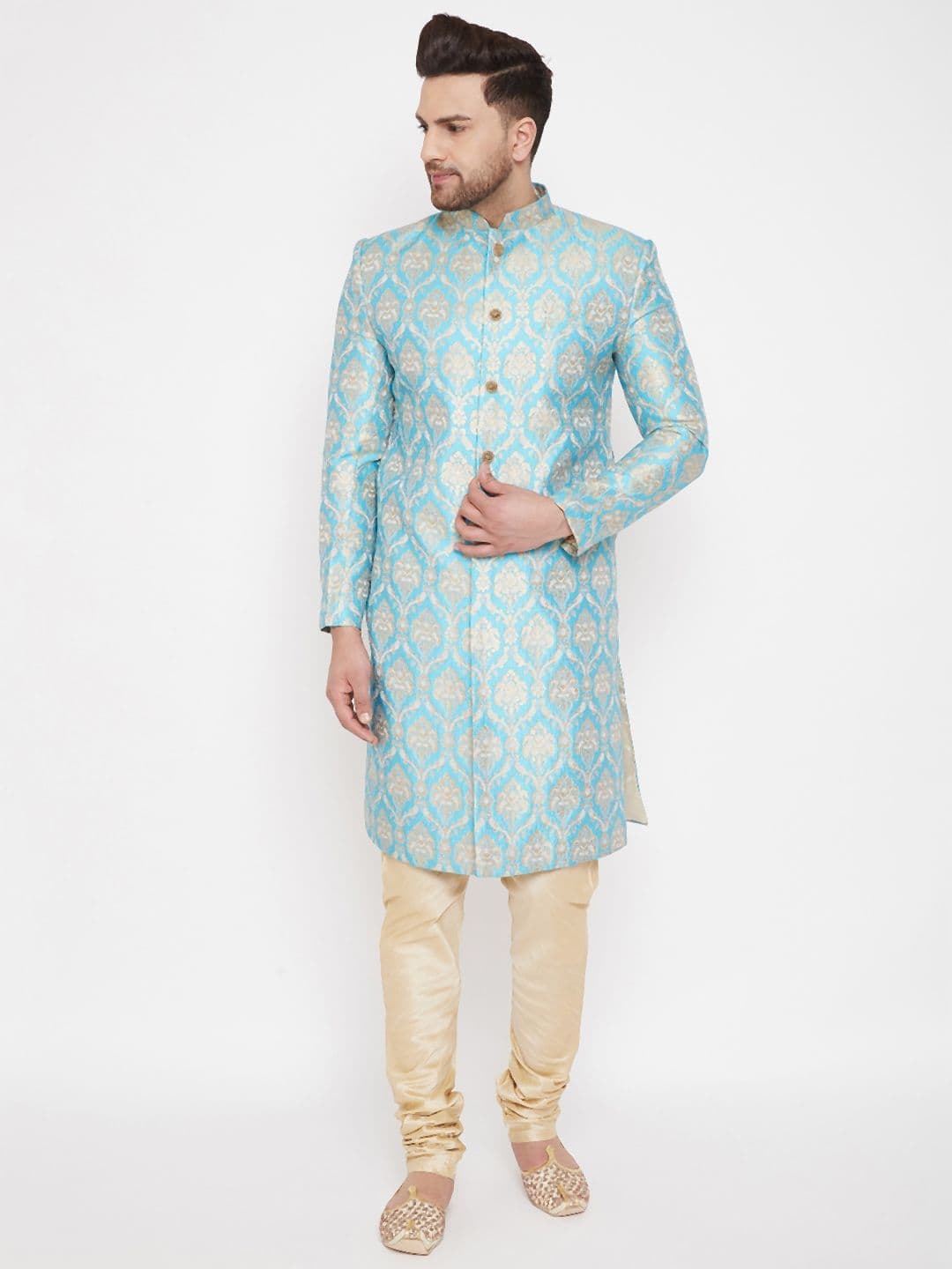 VASTRAMAY Men Sea Green & Gold-Coloured Slim Fit Brocade Woven Design Sherwani Set - view 1