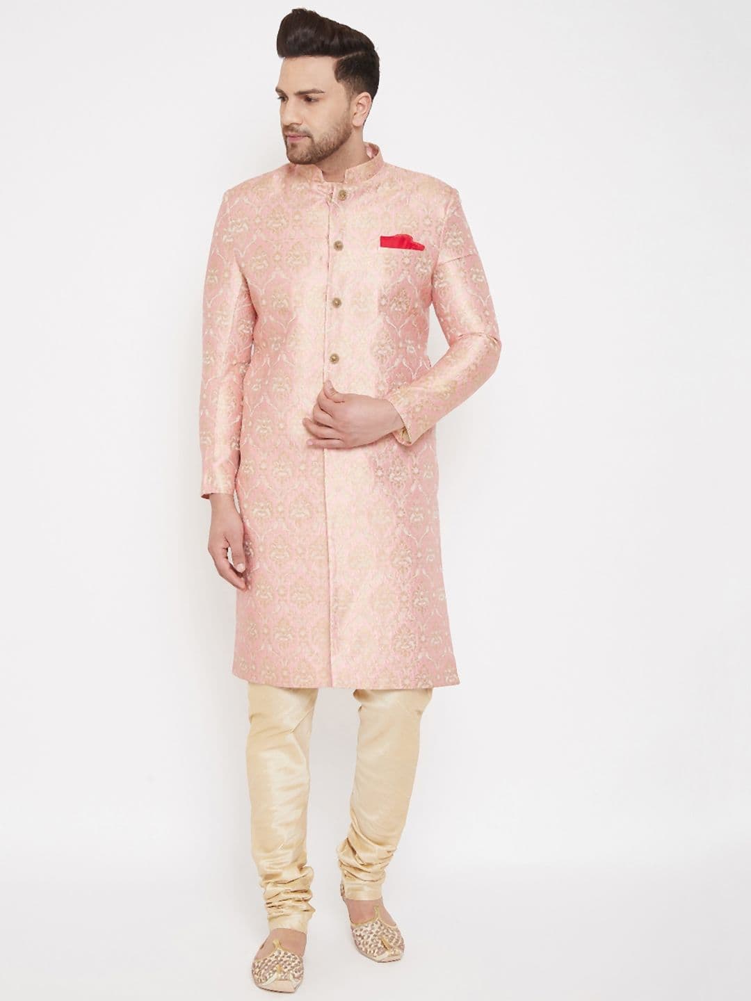VASTRAMAY Men Pink & Gold-Coloured Slim Fit Brocade Woven Design Sherwani Set - view 1