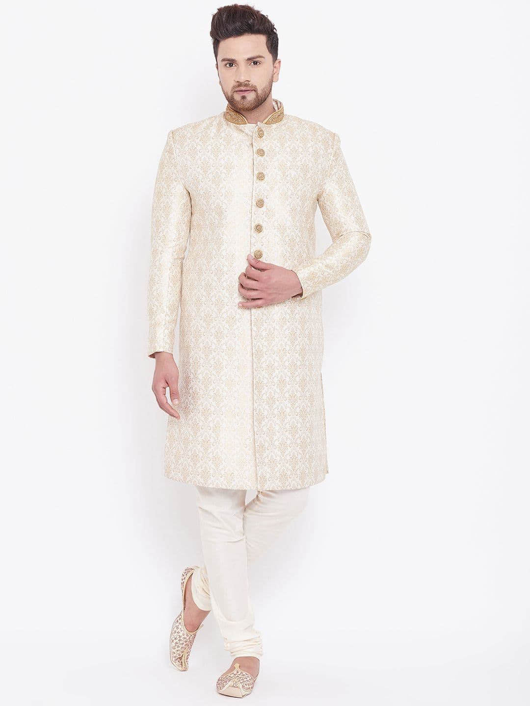 VASTRAMAY Men Cream-Coloured & Gold-Coloured Brocade Zardozi Woven Design Sherwani Set - view 1