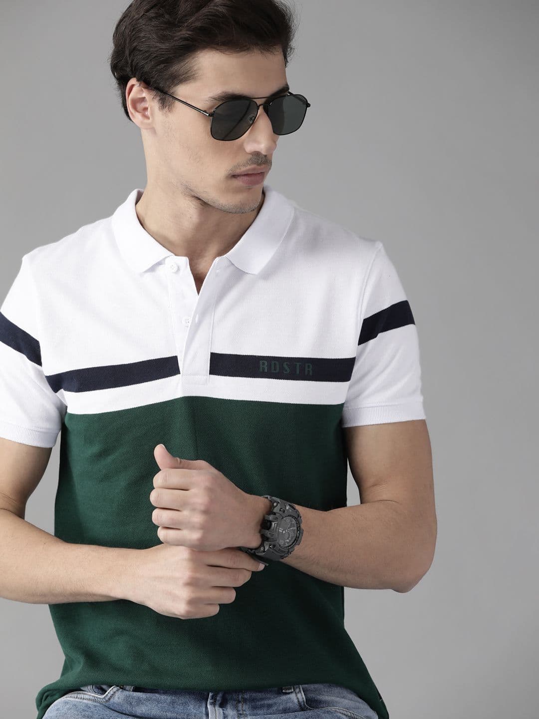 Roadster Men Green & White Cotton Colourblocked Polo Collar T-shirt - view 1