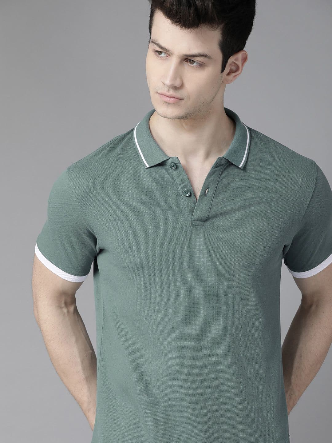 Roadster Men Green Solid Pure Cotton Polo Collar Pure Cotton T-shirt - view 1