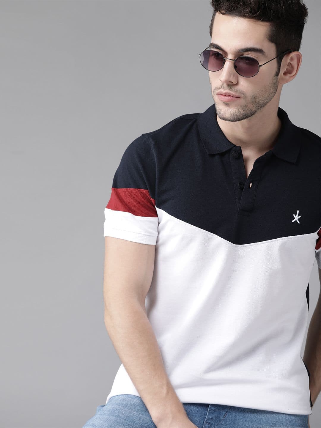 Roadster Men White Navy Blue Colourblocked Polo Collar Cotton T-shirt - view 1