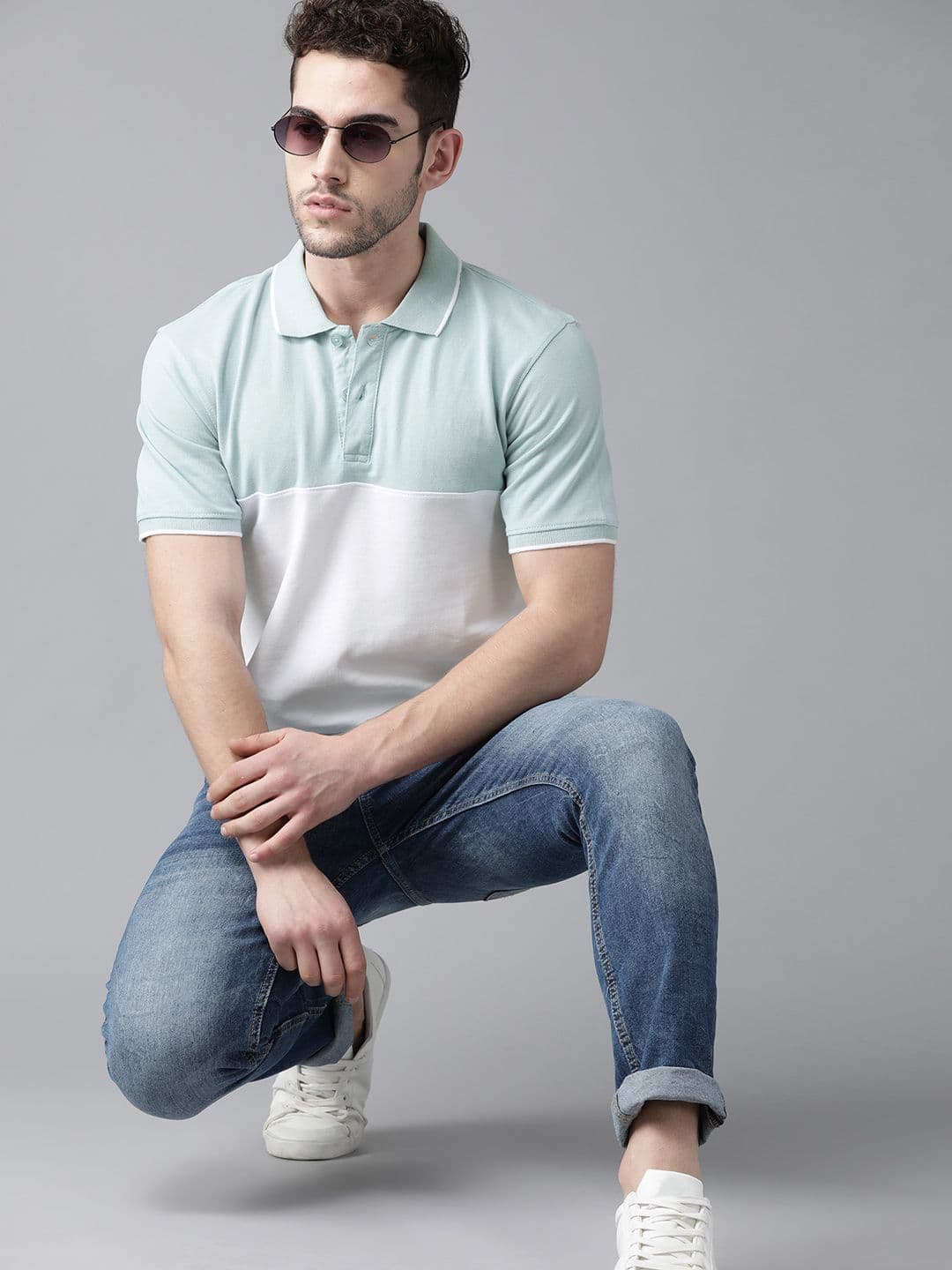 Roadster Men Blue & White Colourblocked Pure Cotton Polo Collar T-shirt - view 1