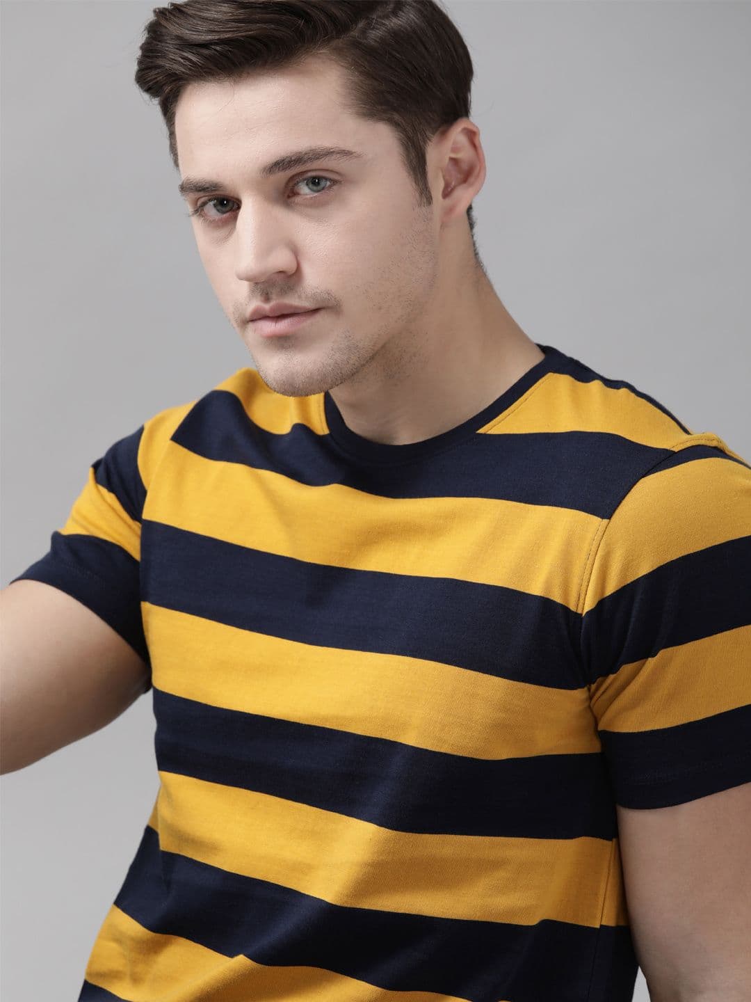 Roadster Men Navy Blue & Mustard Yellow Striped Pure Cotton Round Neck T-shirt - view 1