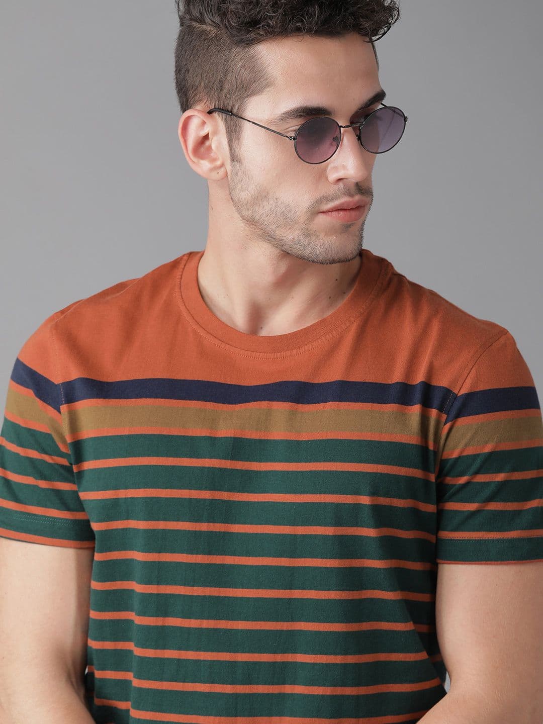 Roadster Men Green & Rust Orange Striped Cotton Round Neck T-shirt - view 1