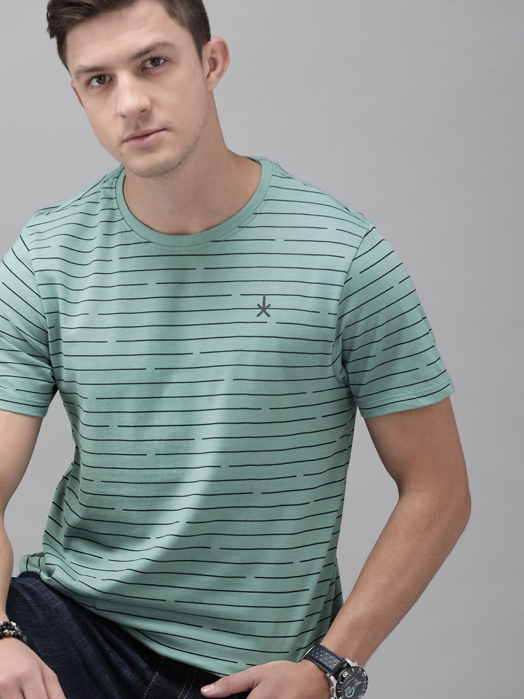 Roadster Men Blue Striped Round Neck Cotton T-shirt - view 1