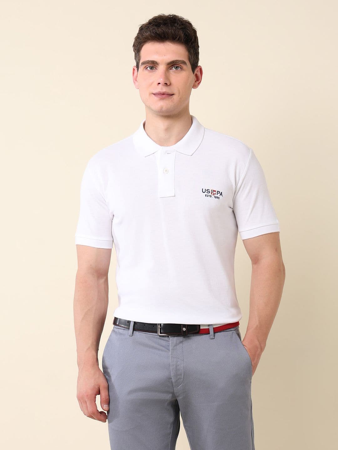 U.S. Polo Assn. Men White Solid Polo Collar Pure Cotton T-shirt - view 1
