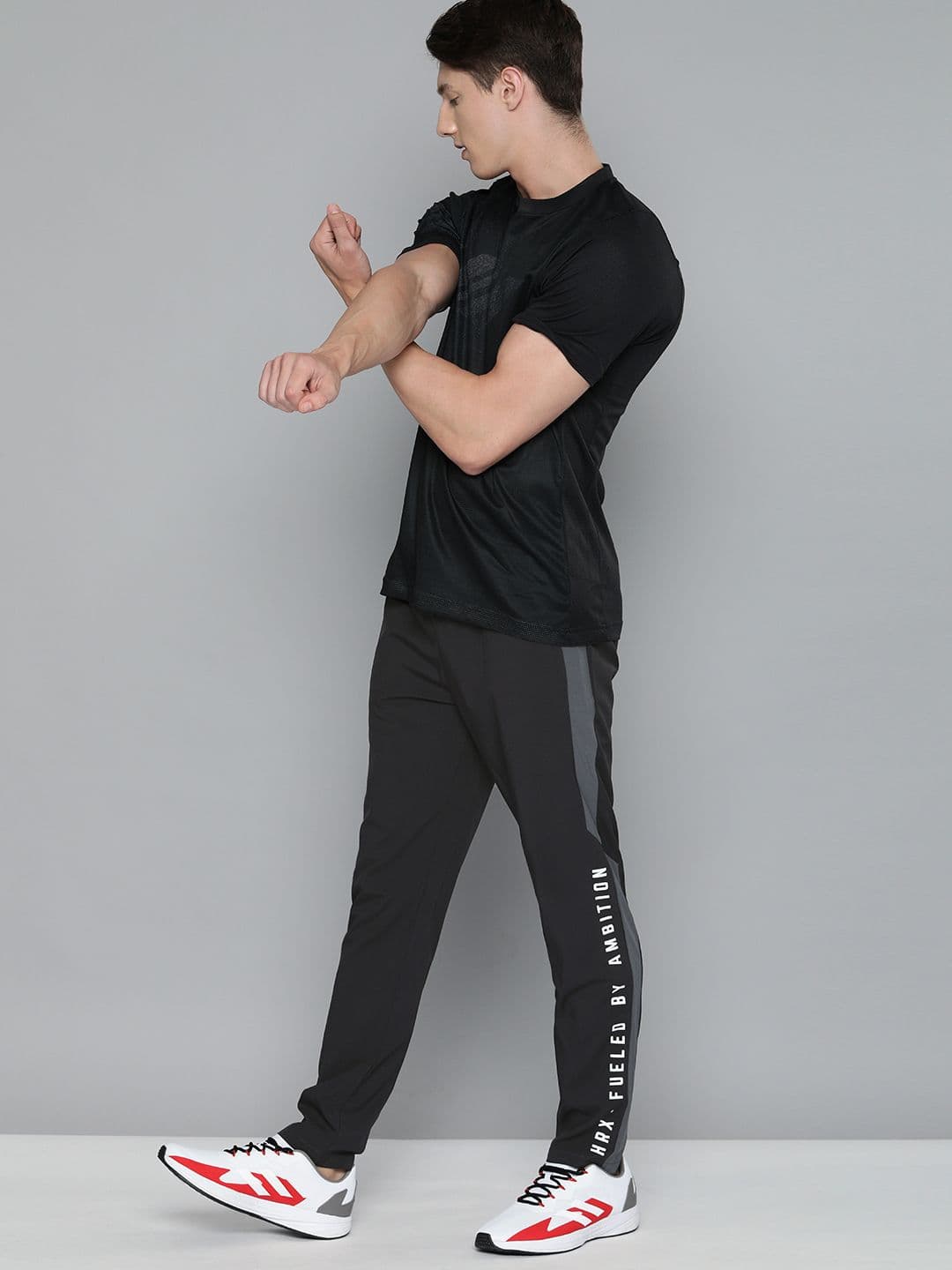 HRX By Hrithik Roshan Men Jet Black & Anthracite Colourblock Slim Fit Rapid-Dry Antimicrobial Training Track Pants - view 1