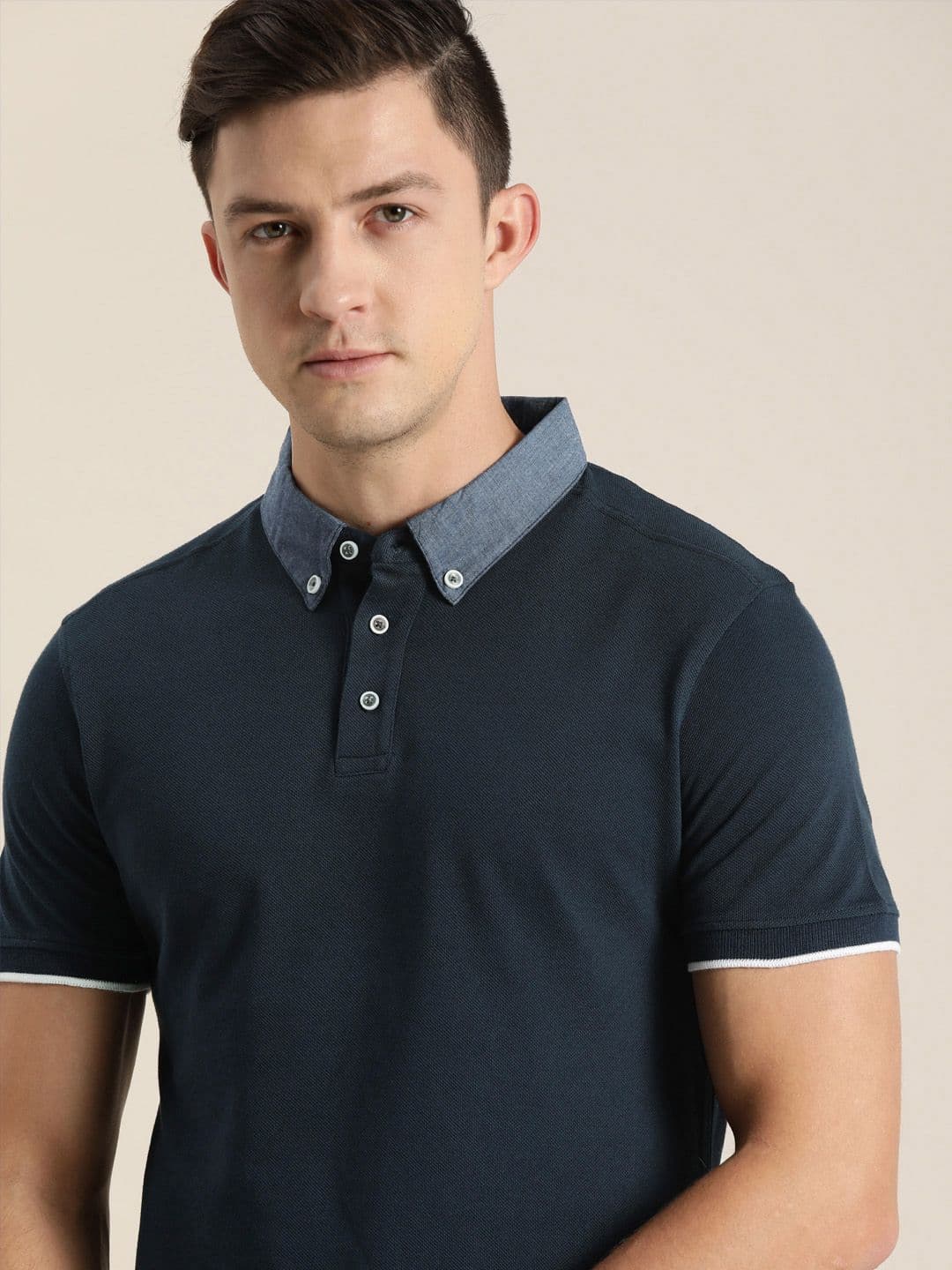 INVICTUS Men Navy Blue Solid Polo Collar Cotton T-shirt - view 1