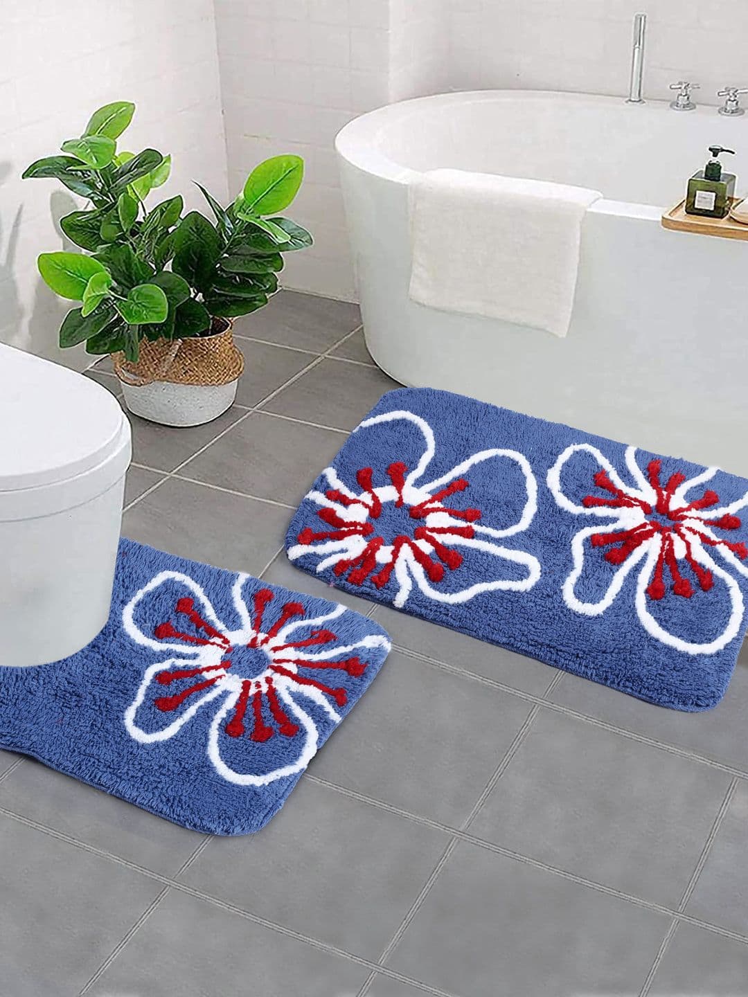 Saral Home Set Of 2 Blue & White Floral Printed Rectangular Bath Rugs - view 1