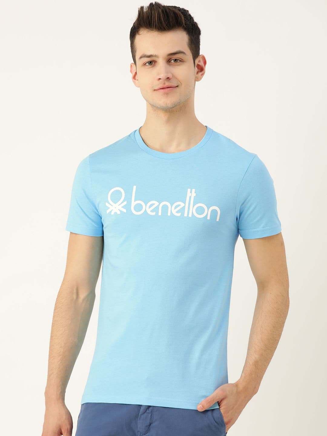 United Colors of Benetton Men Blue & White Brand Logo Print Round Neck T-shirt - view 1