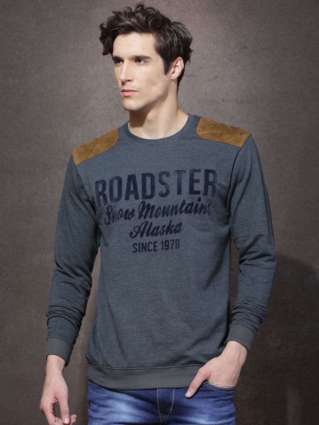 Roadster Navy Blue Flock Print T-shirt with Suede Shoulder Patch - view 1