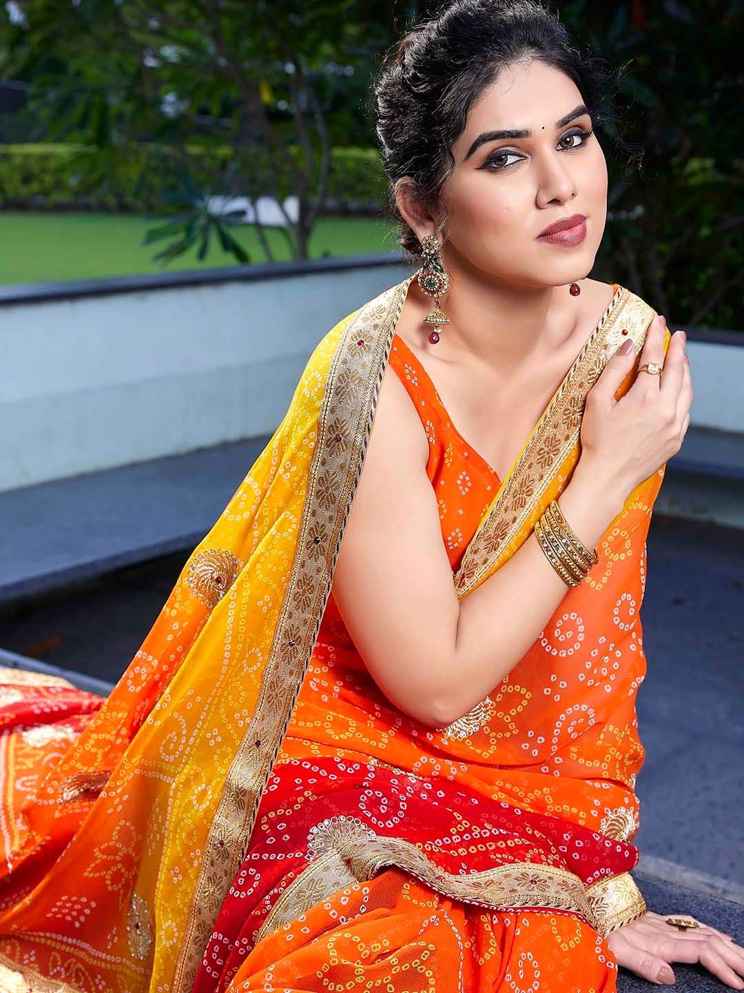 KALINI Red & Yellow Poly Georgette Embroidered Bandhani Saree - view 1