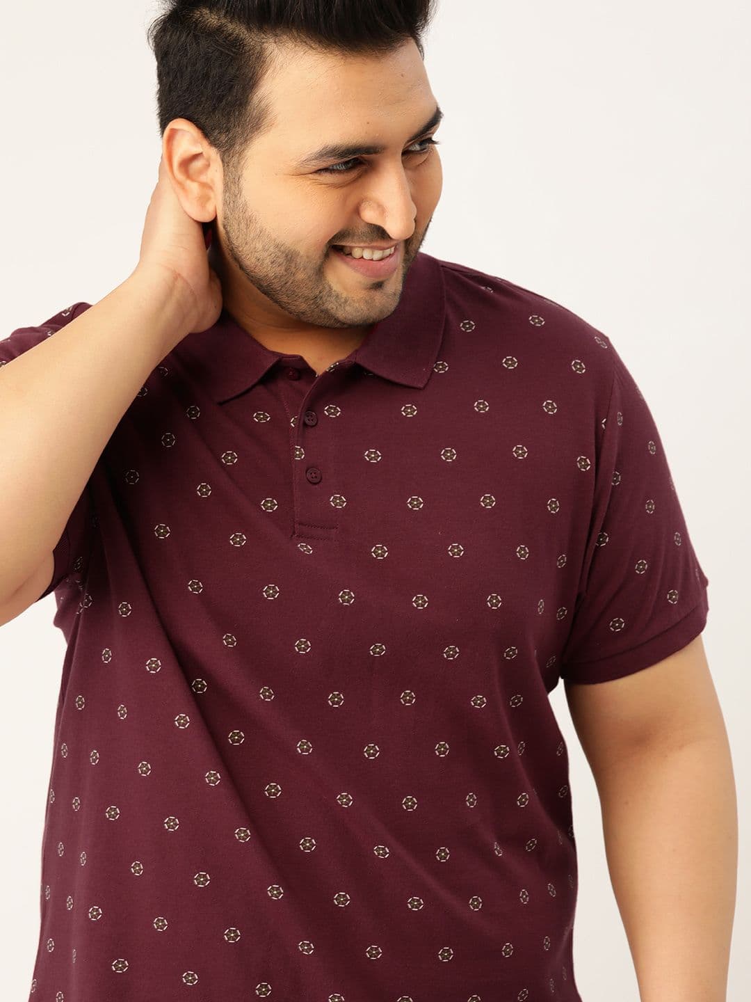 Sztori Men Plus Size Maroon & White Printed Cotton Polo Collar T-shirt - view 1
