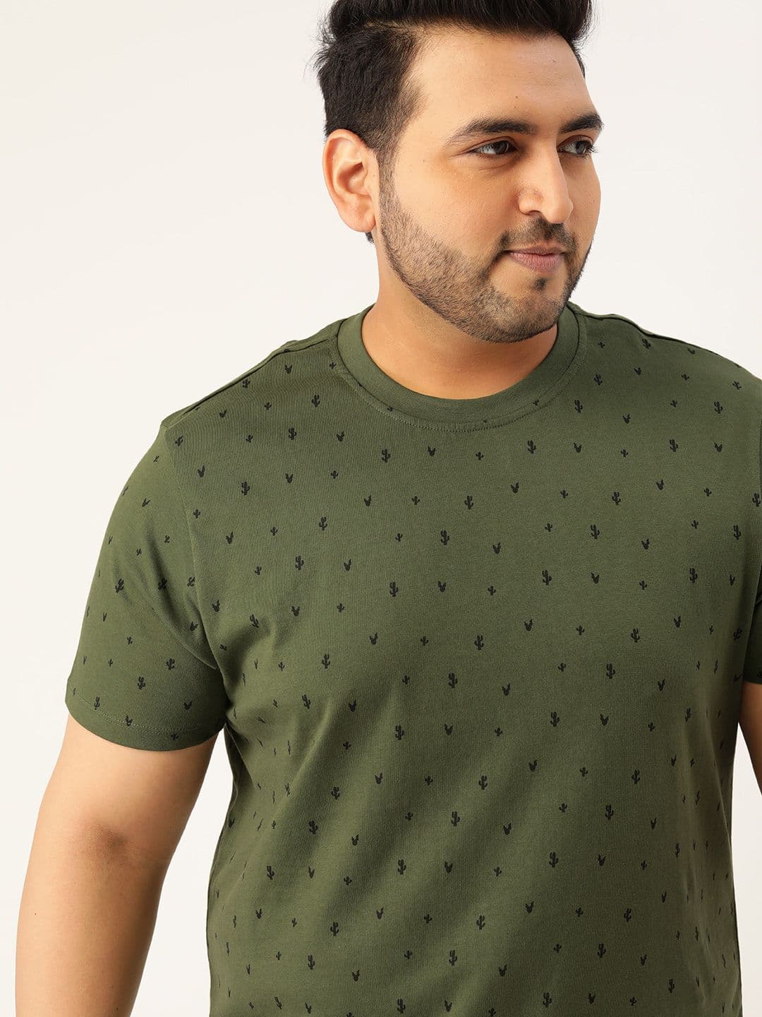Sztori Men Plus Size Olive Green & Black Printed Cotton Round Neck T-shirt - view 1