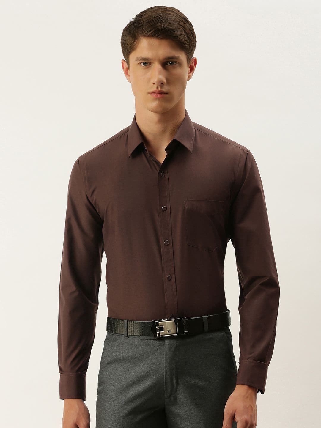 English Navy Men Brown Slim Fit Solid Formal Shirt - view 1