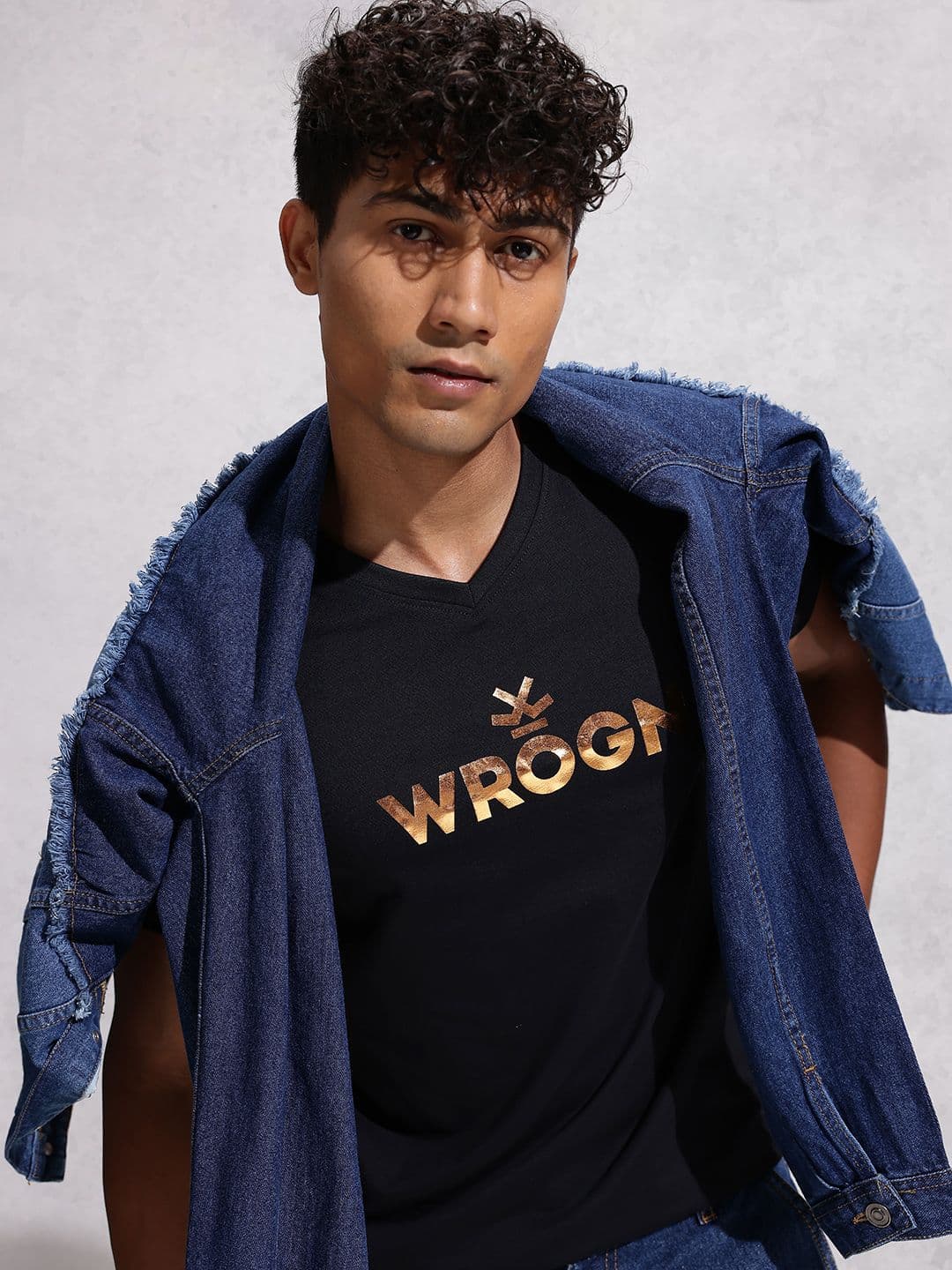 WROGN Brand Logo Printed V-Neck Pure Cotton Slim Fit T-shirt - view 1
