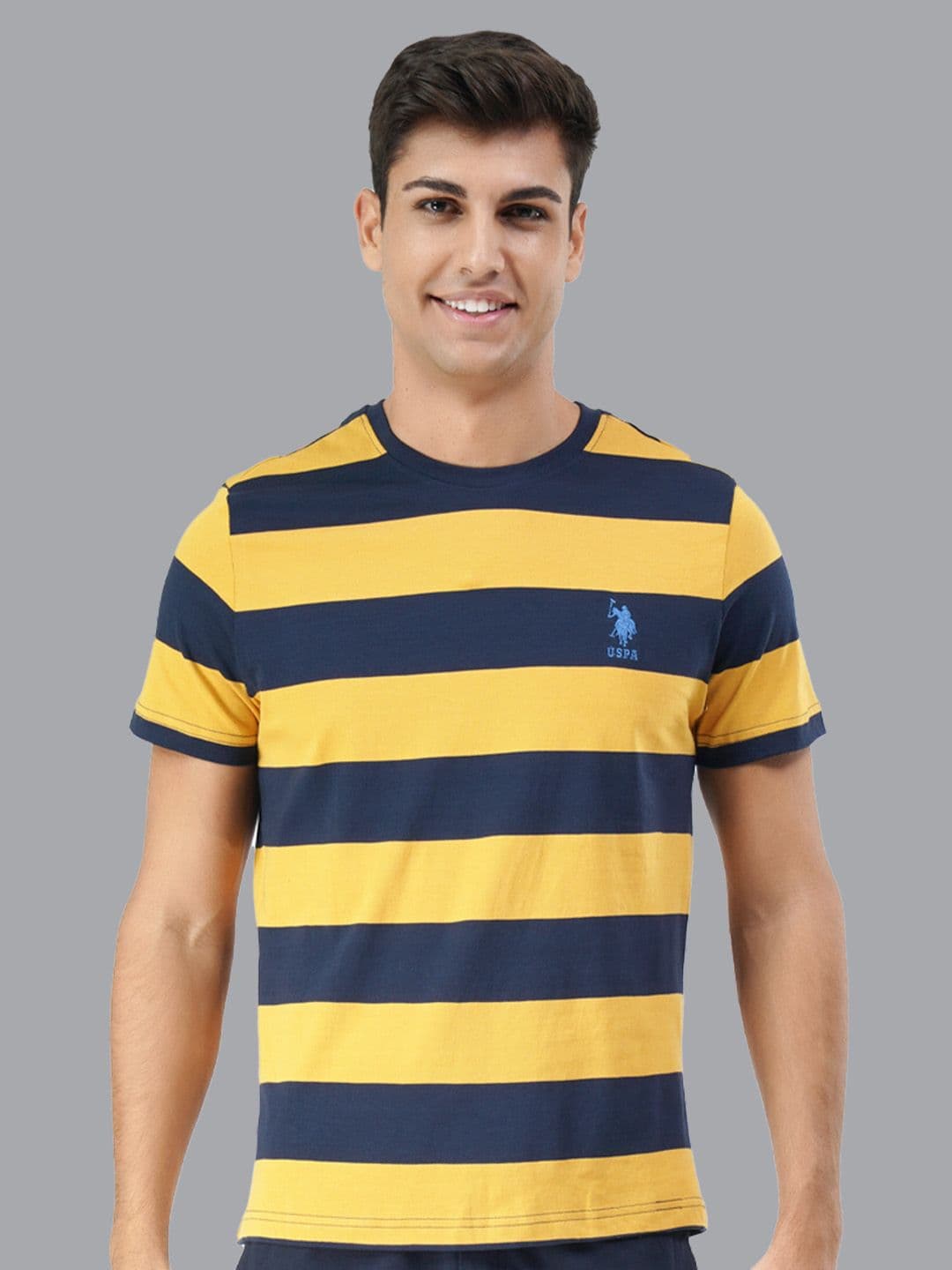 U.S. POLO ASSN. MEN NAVY BLUE & ORANGE STRIPED BRAND LOGO EMBROIDERED PURE COTTON T-SHIRT - view 1