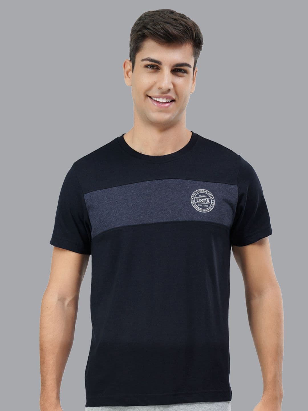 U.S. POLO ASSN. MEN NAVY BLUE COLOURBLOCKED BRAND LOGO PRINTED PURE COTTON T-SHIRT - view 1