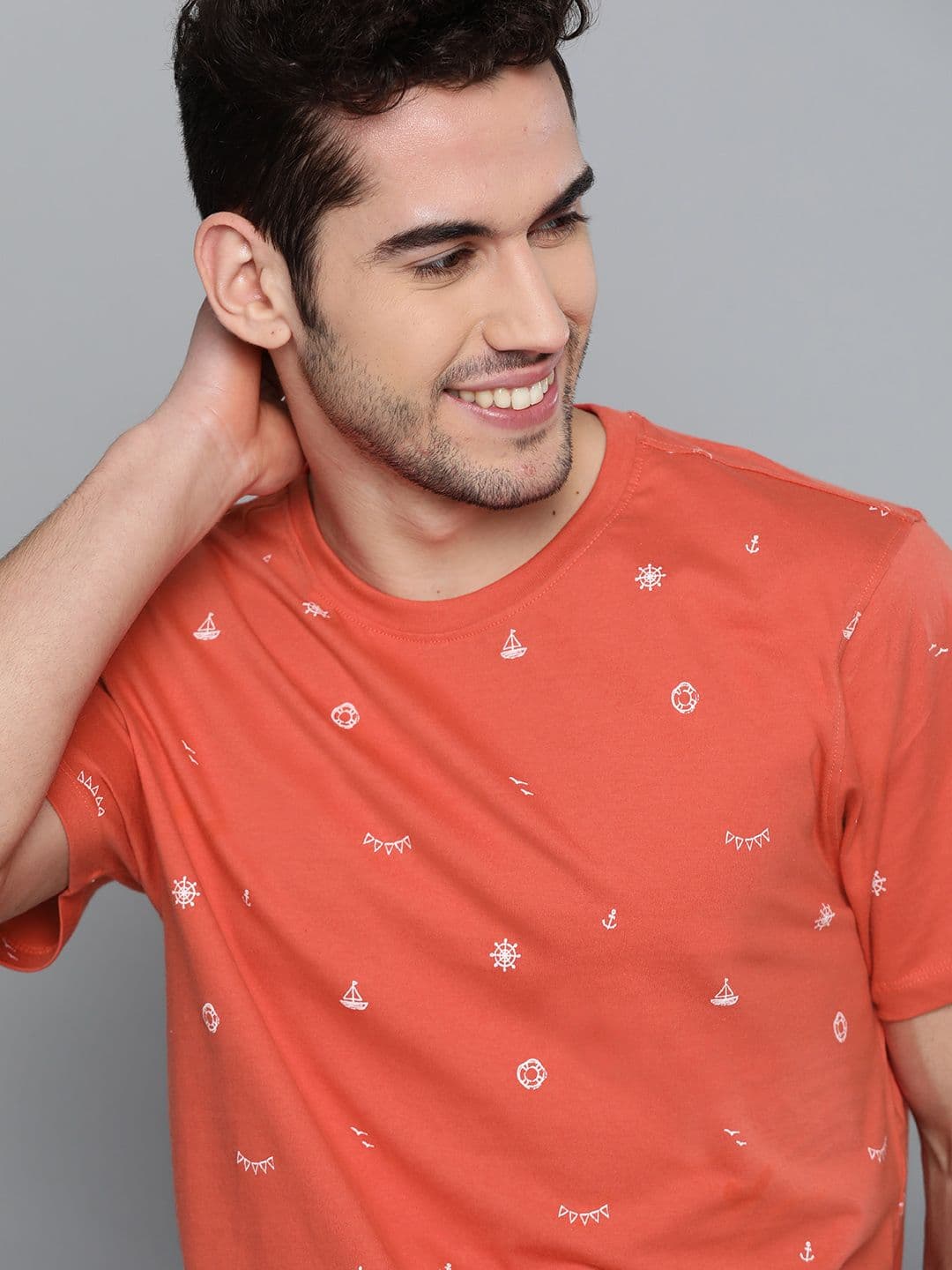 Mast & Harbour Men Orange Geometric Printed Pure Cotton T-shirt - view 1