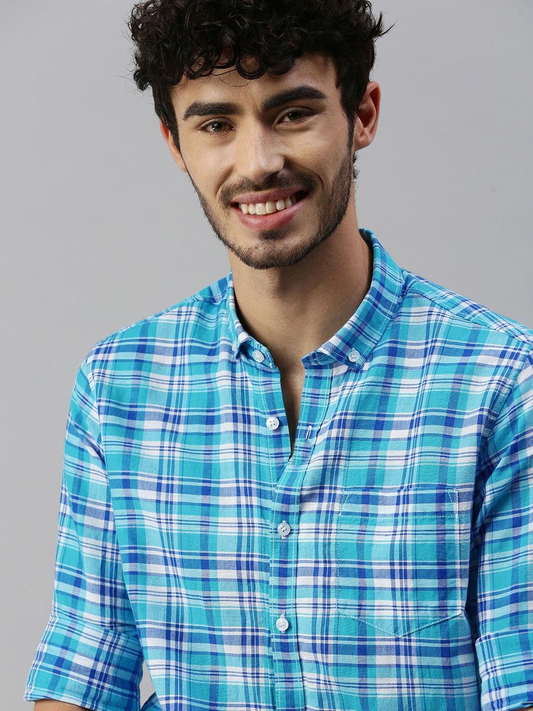 Mast & Harbour Men Blue & White Regular Fit Checked Casual Cotton-Linen Shirt - view 1