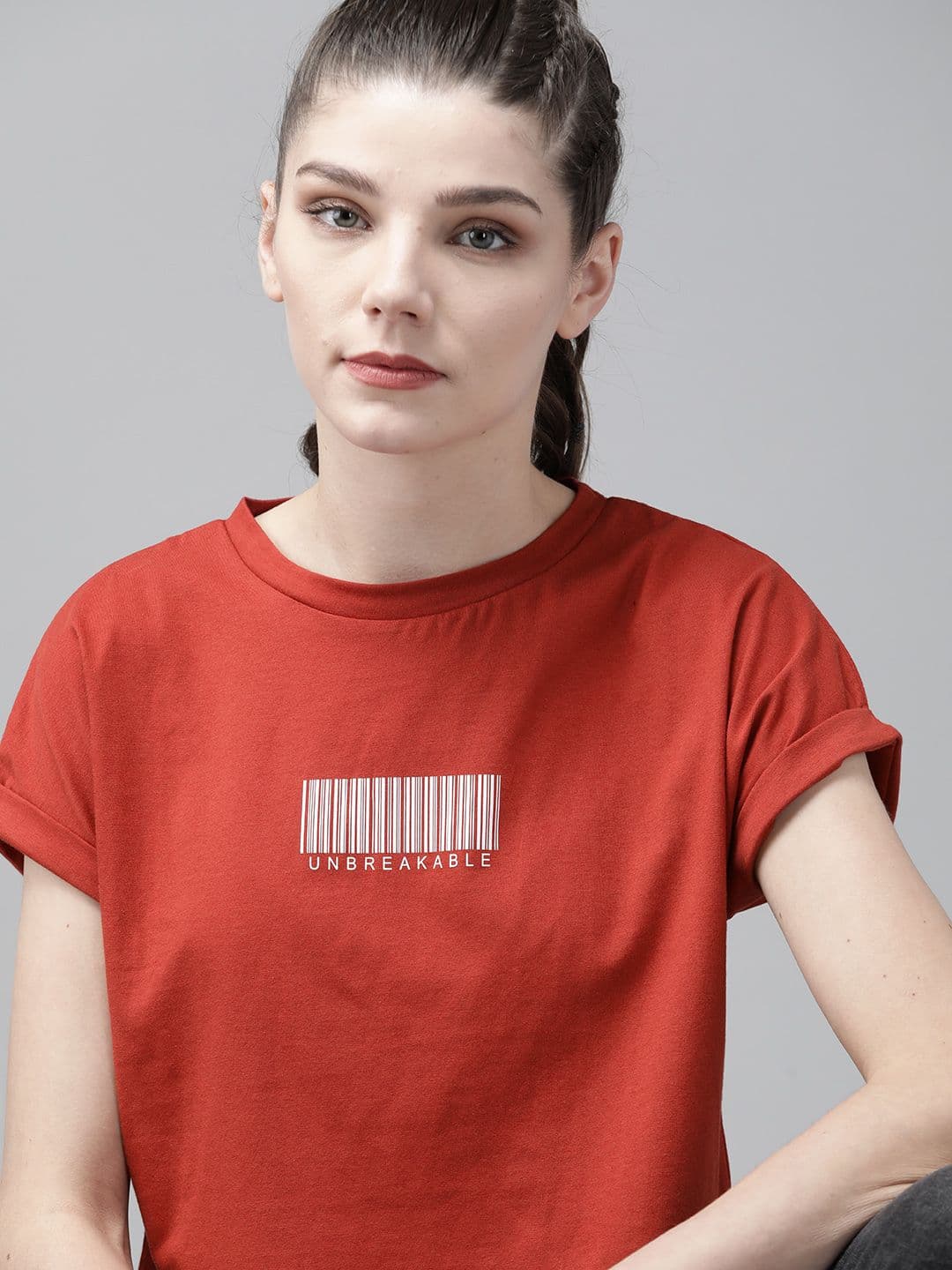 The Roadster Lifestyle Co Women Rust Red Printed Round Neck Crop Pure Cotton T-shirt - view 1