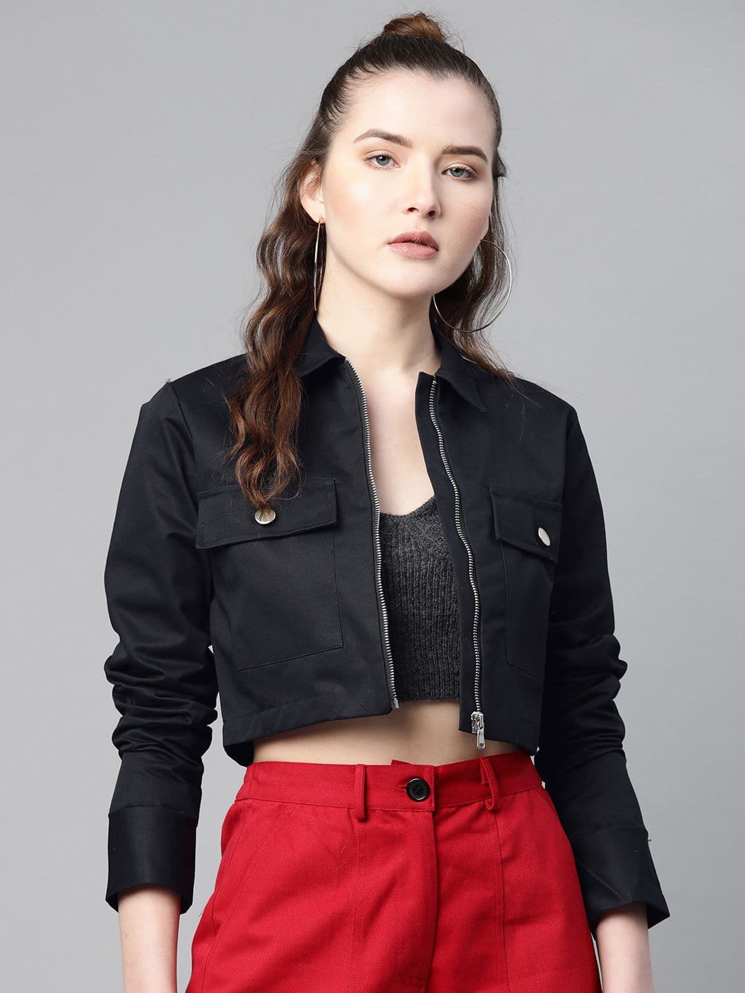 Popnetic Women Black Solid Pure Cotton Crop Jacket - view 1