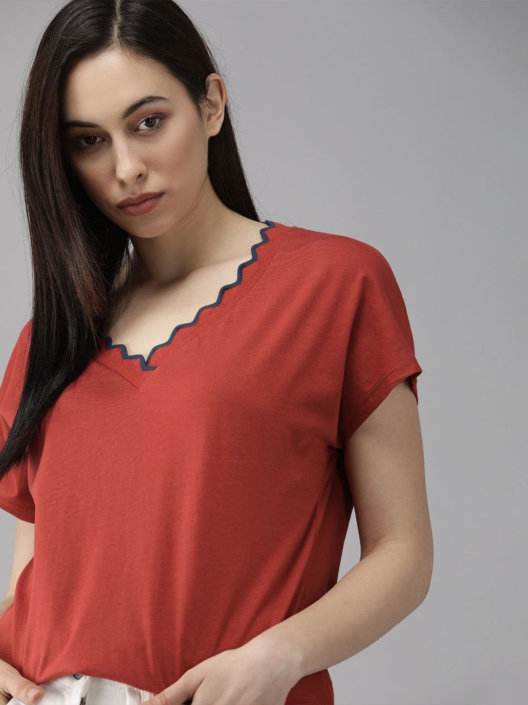 The Roadster Lifestyle Co Women Red V-Neck Extended Sleeves Scalloped Tipping Pure Cotton T-shirt - view 1