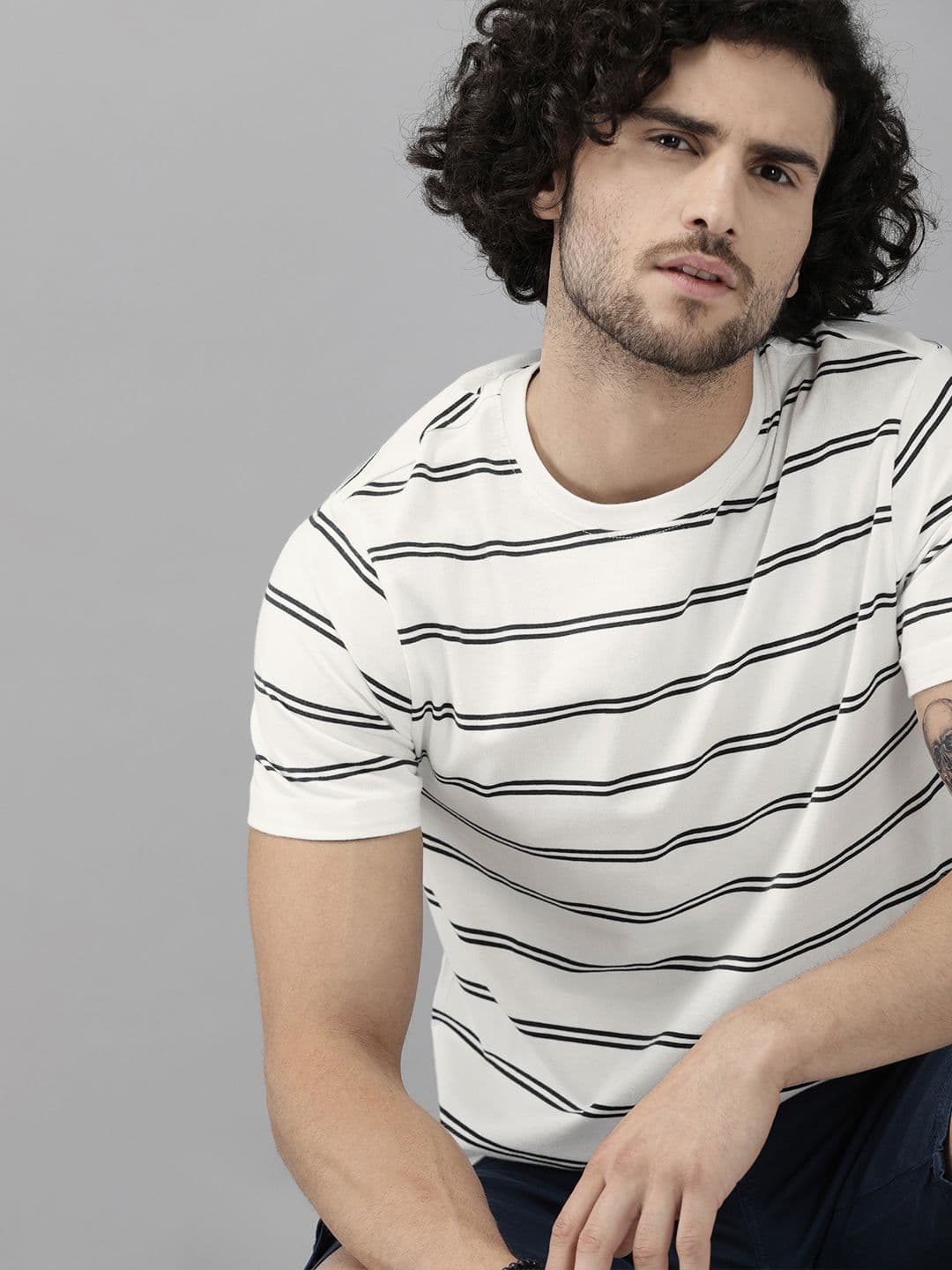 The Roadster Lifestyle Co Men White Black Striped Round Neck Cotton T-shirt - view 1