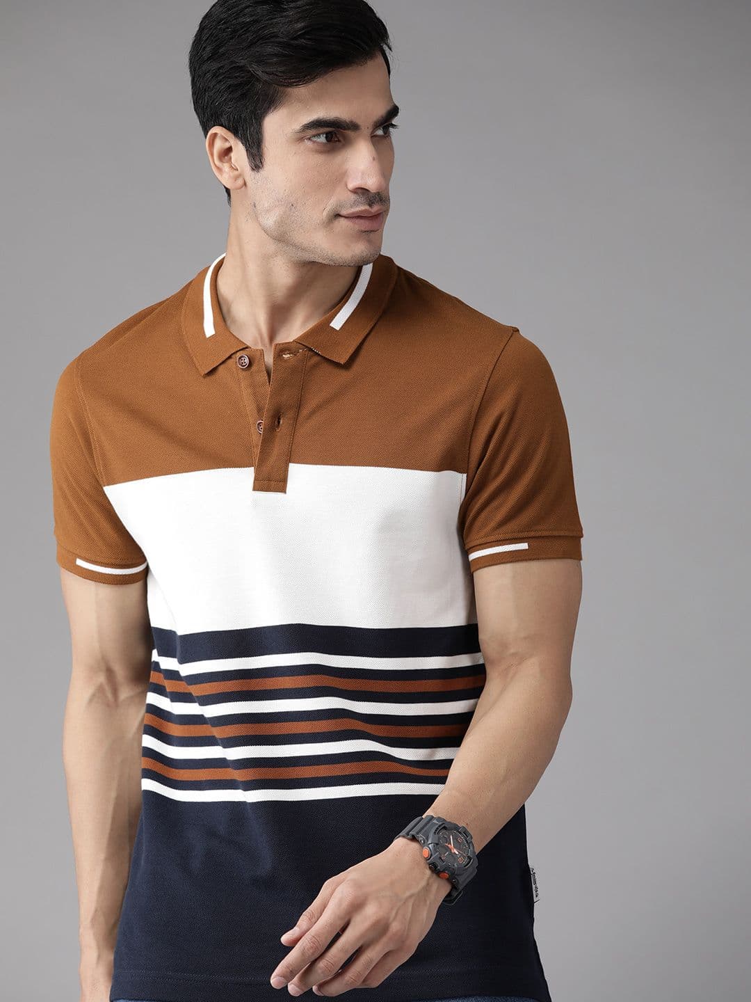 The Roadster Lifestyle Co Men Mustard Brown & Navy Blue Striped Pure Cotton Polo Collar T-shirt - view 1
